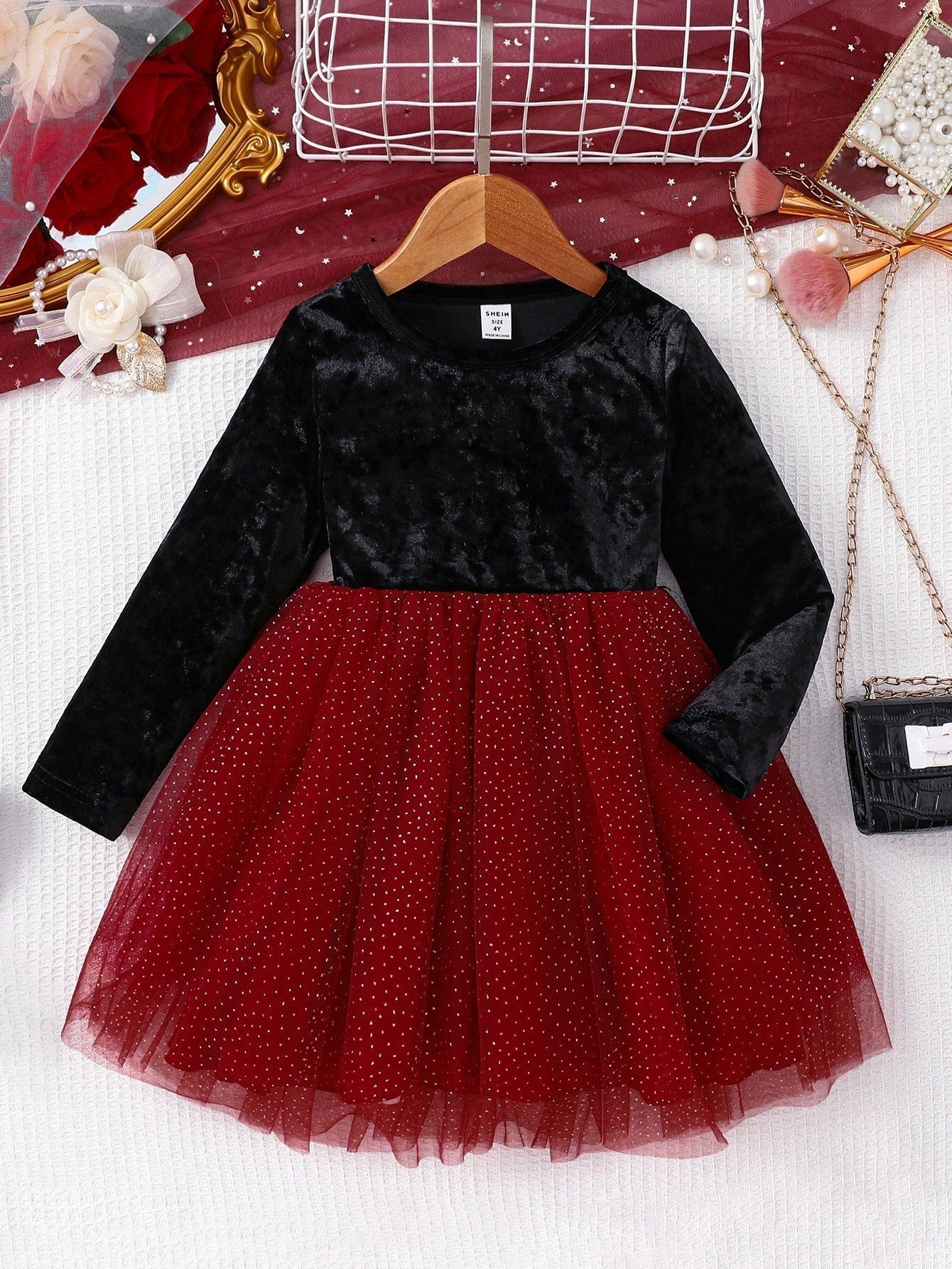 SHEIN Kids KDOMO Little Girls' Beaded Work Party Dress with Mesh for Autumn
