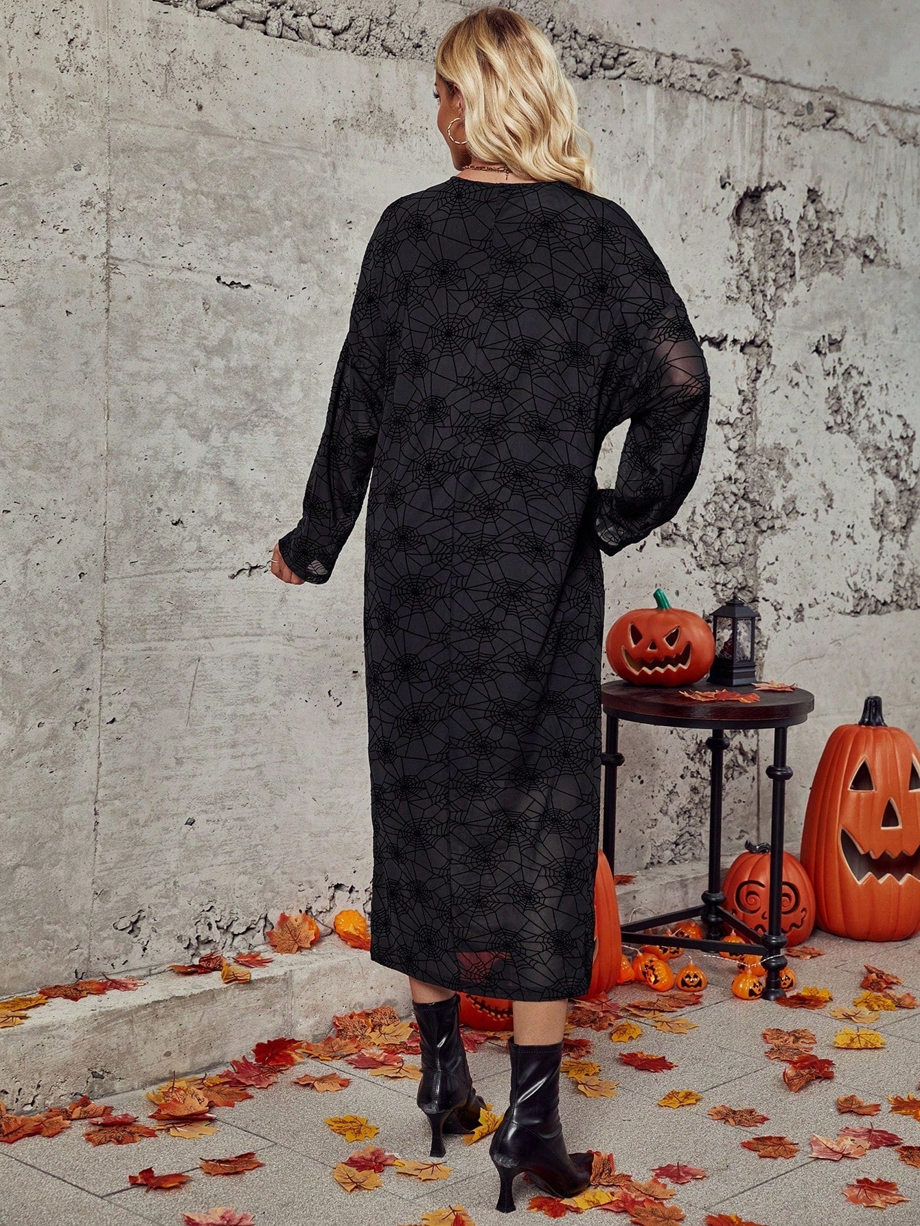 SHEIN Clasi Halloween Spider Web Jacquard Drawstring Front Batwing Sleeve Split Hem Dress
