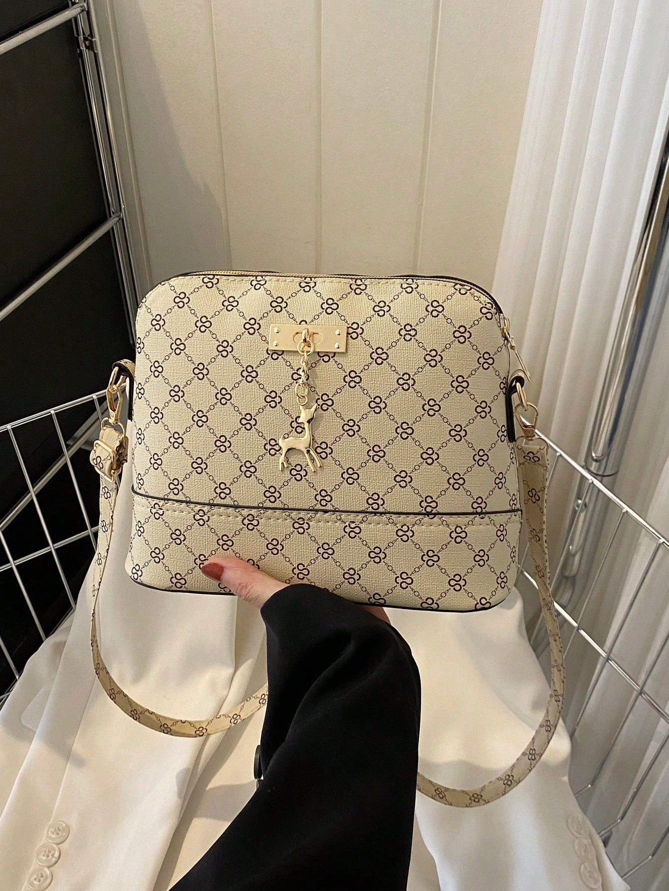 Small Dome Bag Elegant Geometric Pattern Deer Charm Zipper Adjustable Strap