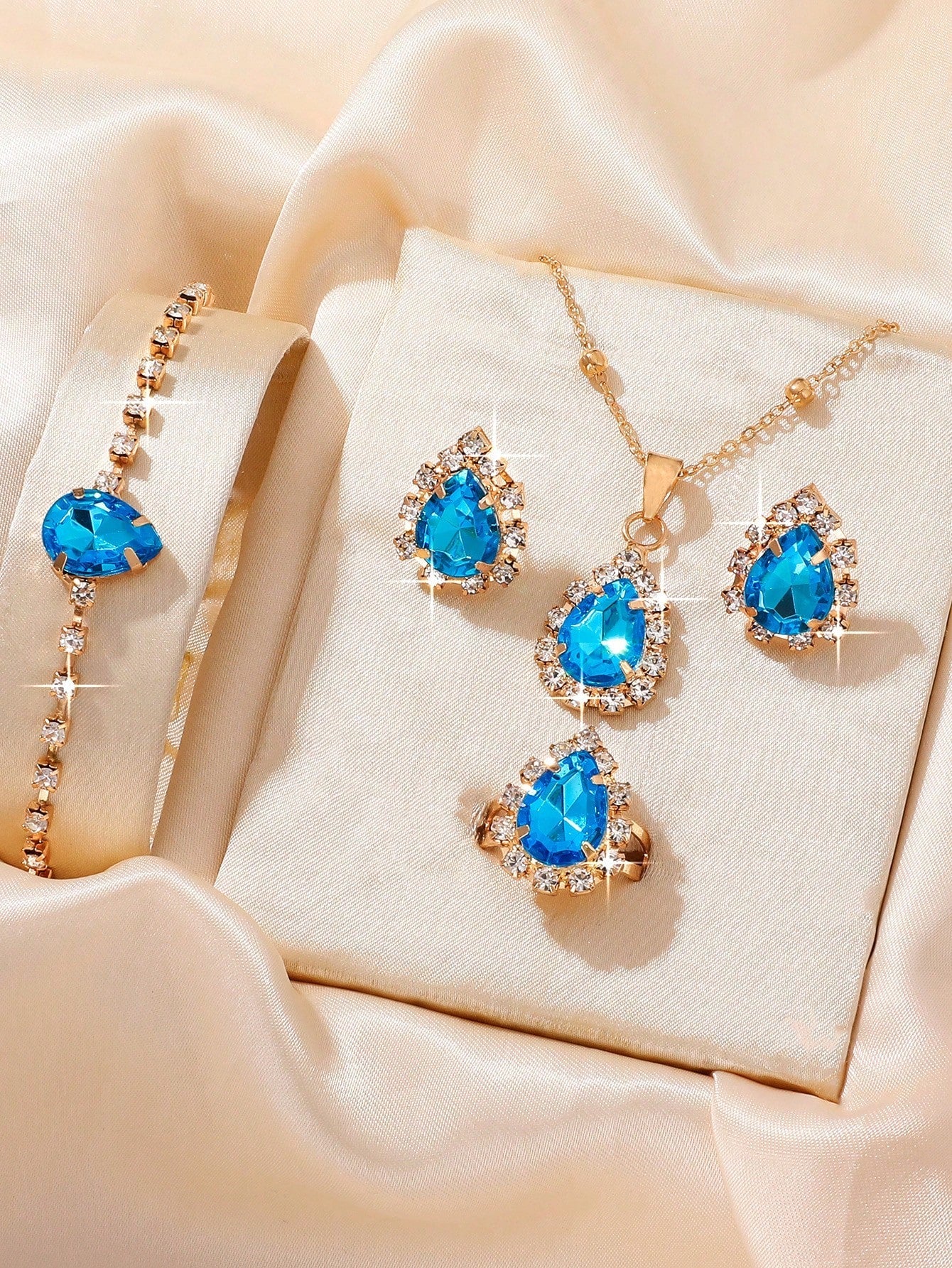 5Pcs Women'S Water Drop Shaped Rhinestone Jewelry Set