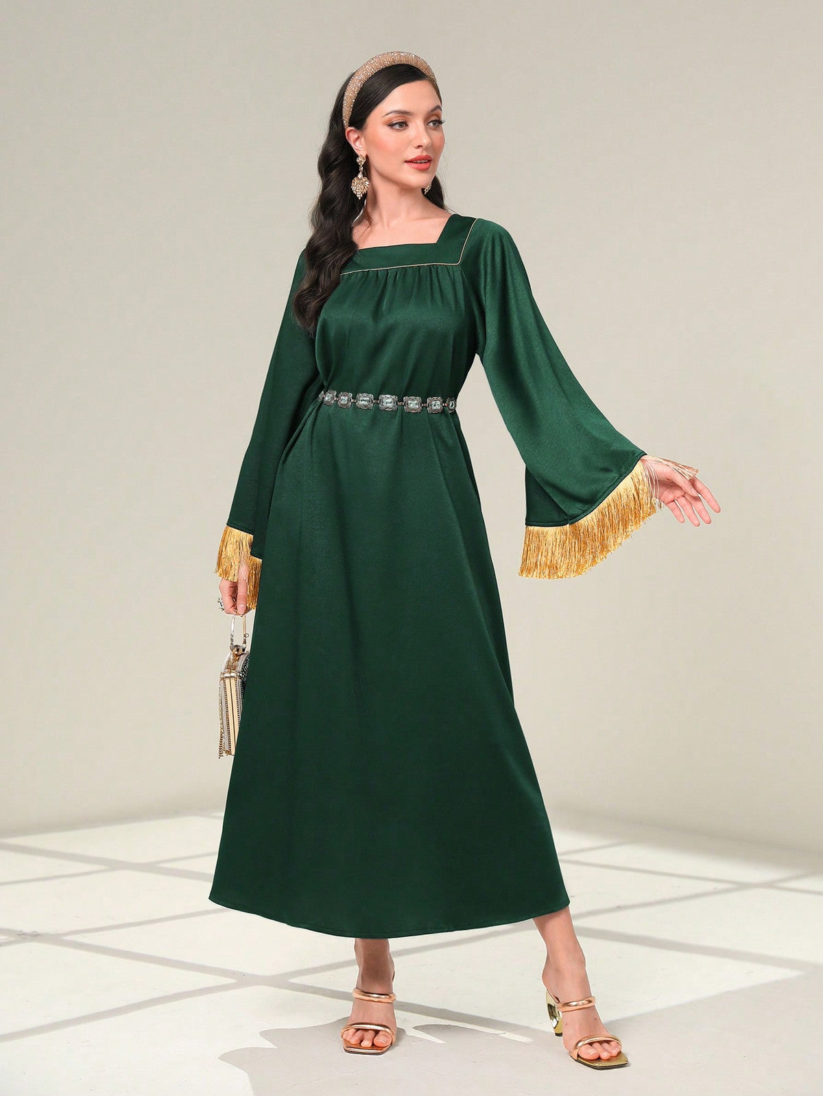 SHEIN Najma Square Neck Fringe Trim Dress