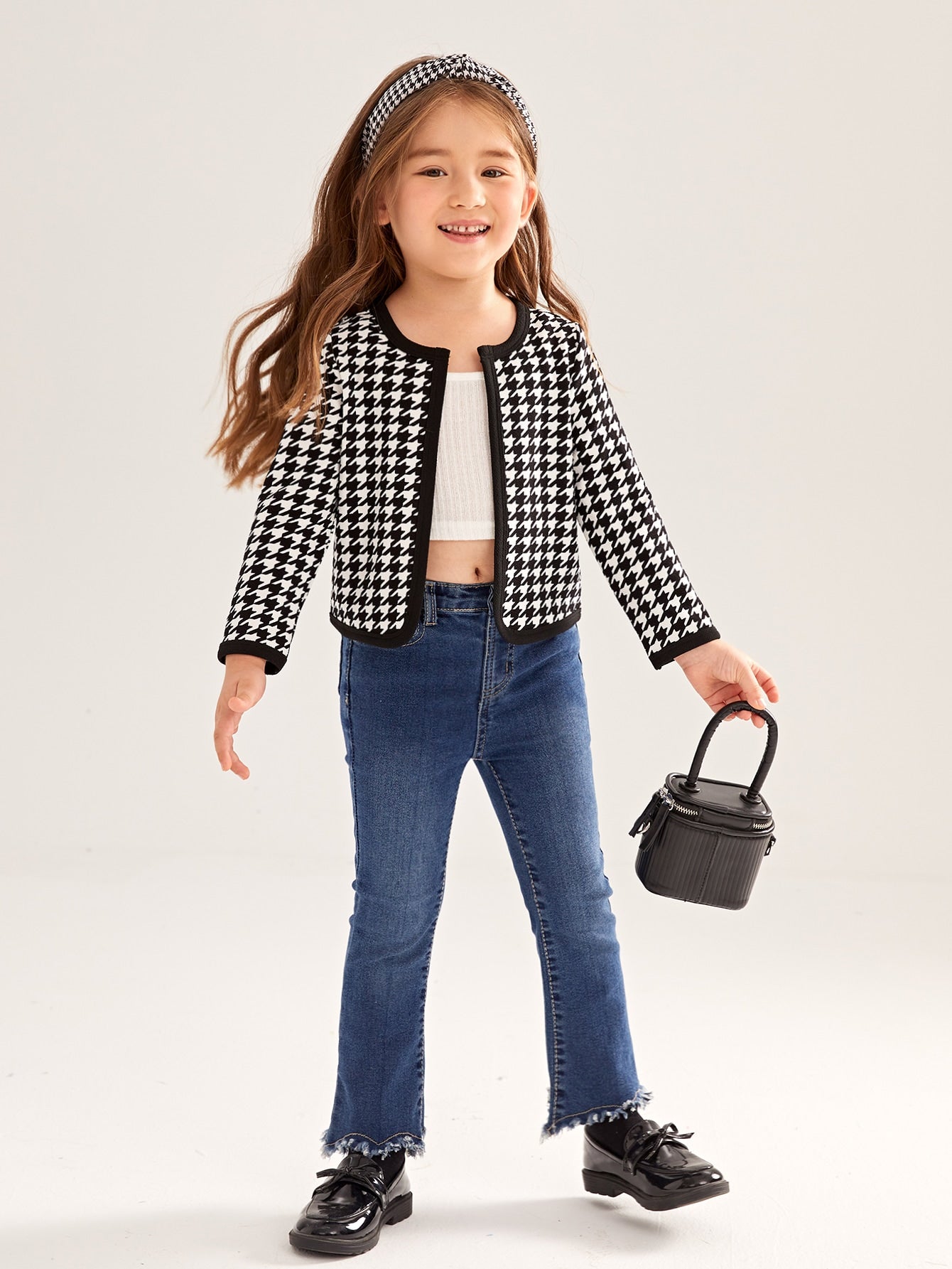 SHEIN Kids FANZEY Young Girl Houndstooth Print Contrast Binding Open Front Jacket