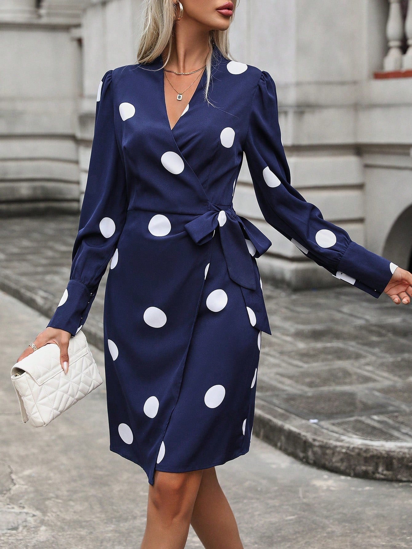 SHEIN LUNE Polka Dot Print Knot Side Wrap Dress