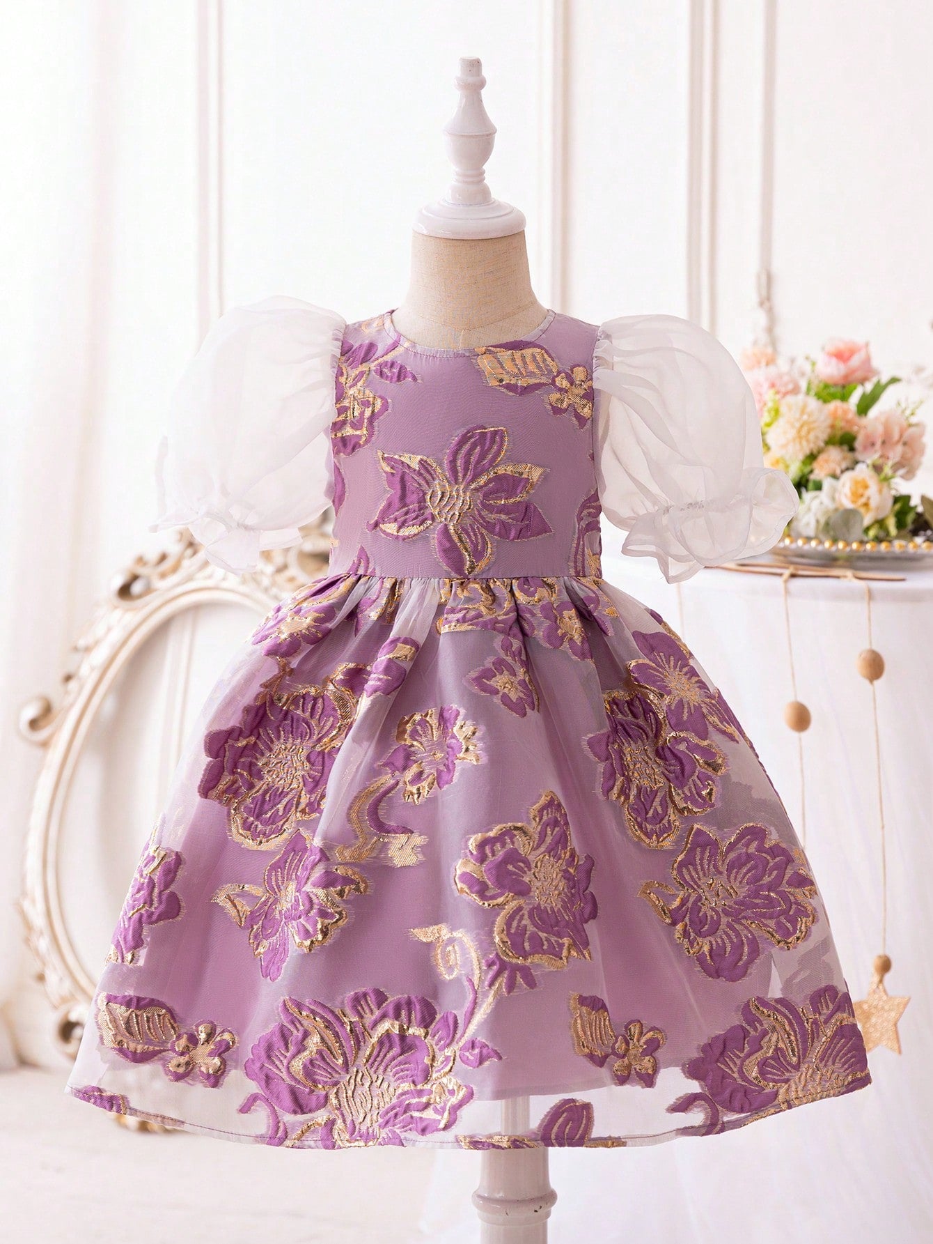 SHEIN Kids Nujoom Young Girls' Casual round Neck See-Through Sleeves & Big Bowknot Decoration Jacquard Dress