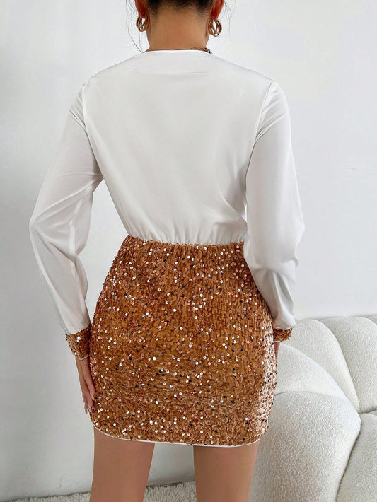 SHEIN PETITE Patchwork Sparkly V-Neck Long Sleeve Dress