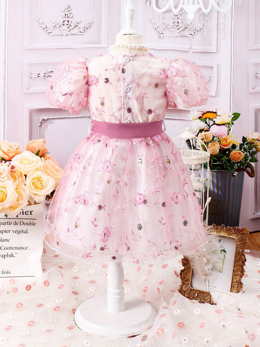 SHEIN Kids Qtfun Young Girl Cute and Romantic Puff Short-Sleeved Floral Embroidery Mesh Belt Dress, Spring and Autumn