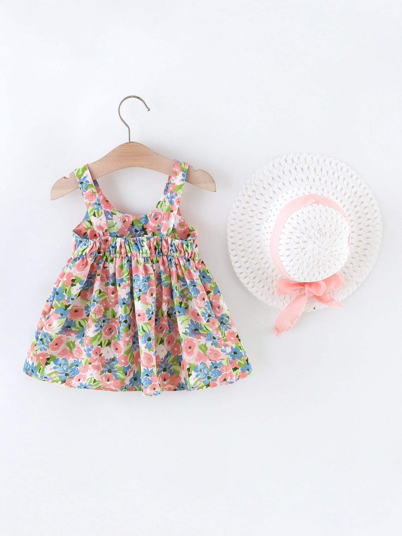 Baby Floral Print Bow Front Cami Dress with Hat