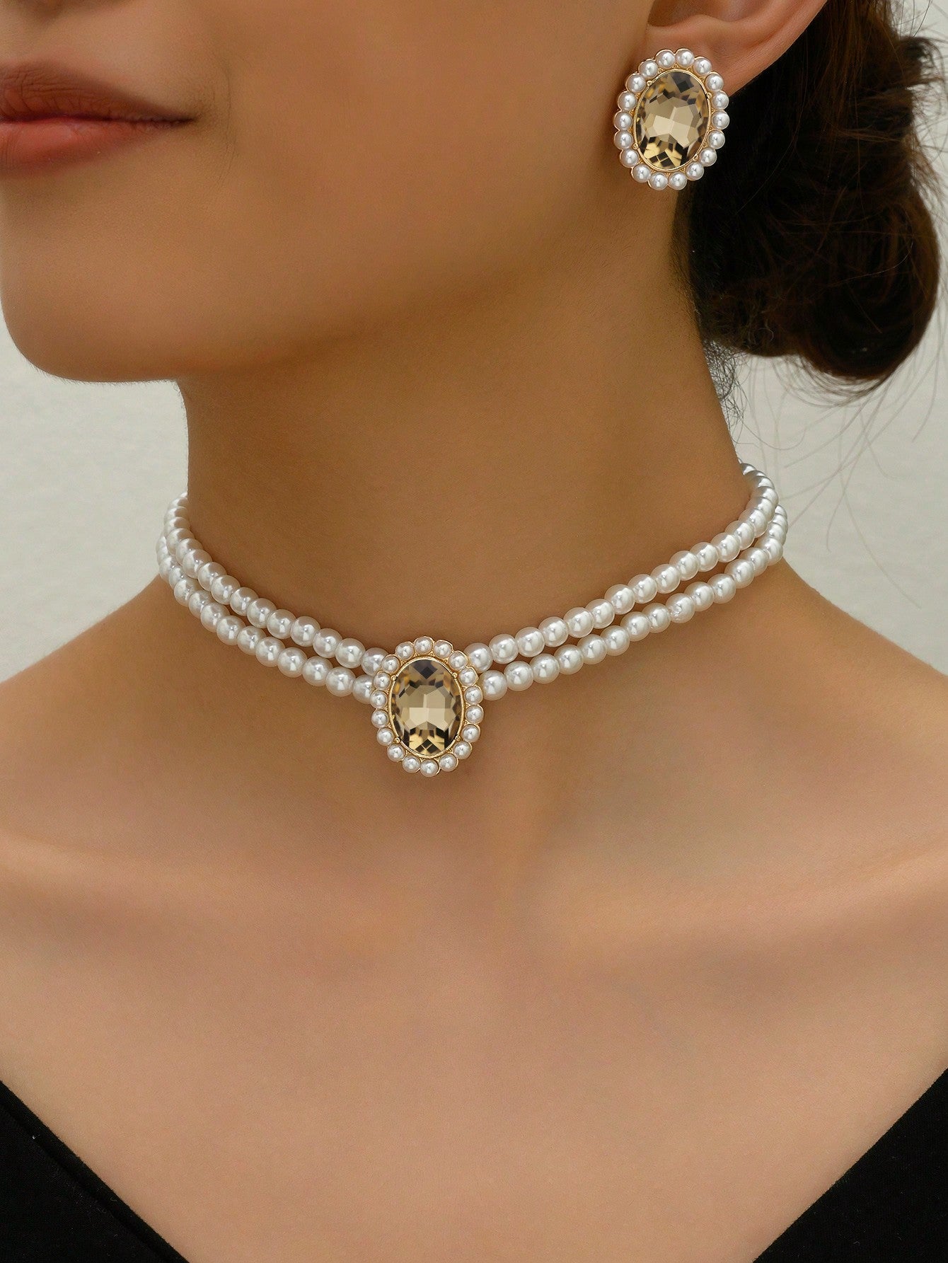 2Pcs Jewelry Set Including 1Pc Pearl Necklace & 1Pair Earrings, Vintage Style Elegant Necklace with Granny Green Stone Women'S Set(2-3Pcs/Set), Also Can Be Sold Separately