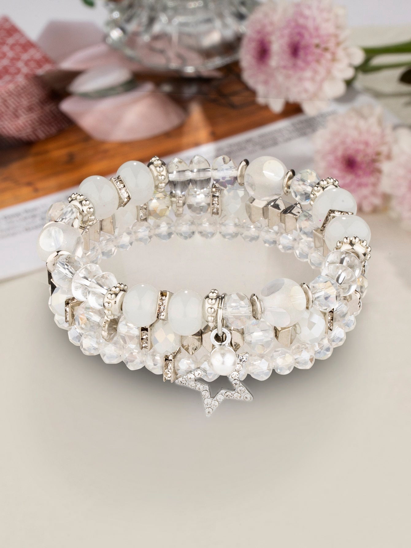 3Pcs/Set Bohemian Style Women'S Crystal Beads & Silver Alloy Block Bracelets