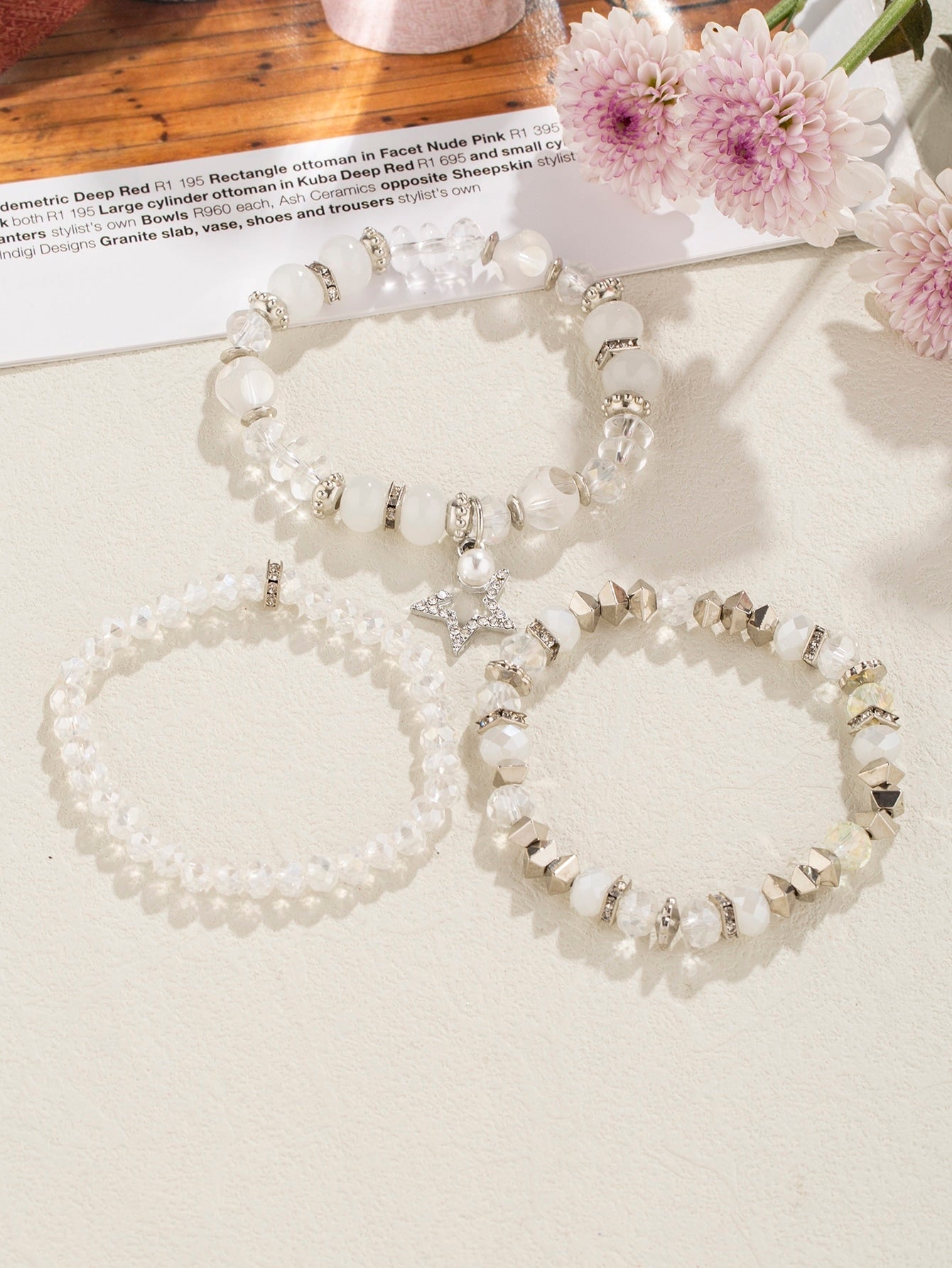 3Pcs/Set Bohemian Style Women'S Crystal Beads & Silver Alloy Block Bracelets