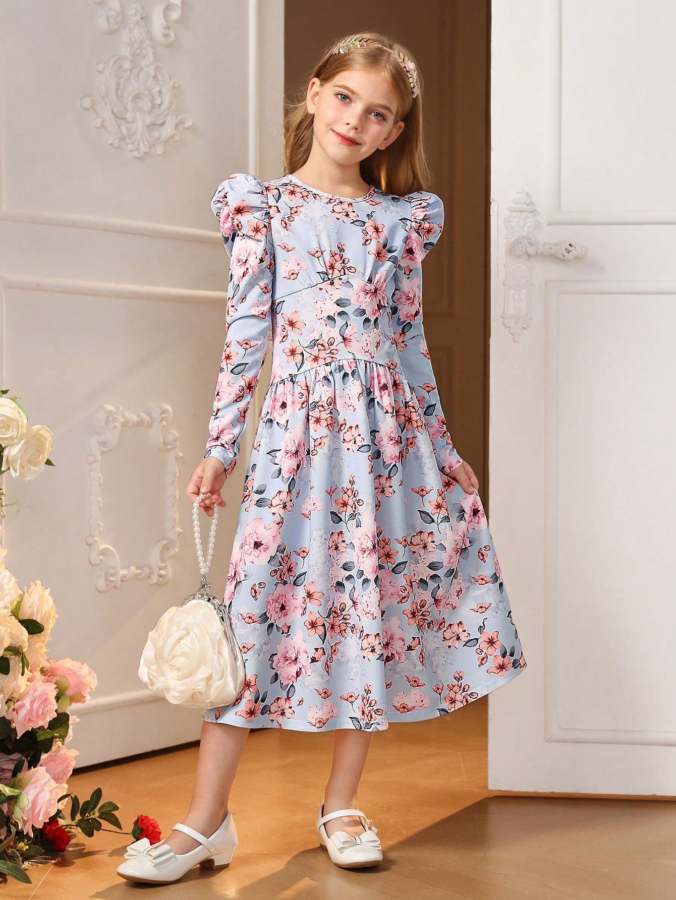 SHEIN Tween Girl Floral Print Gigot Sleeve Dress