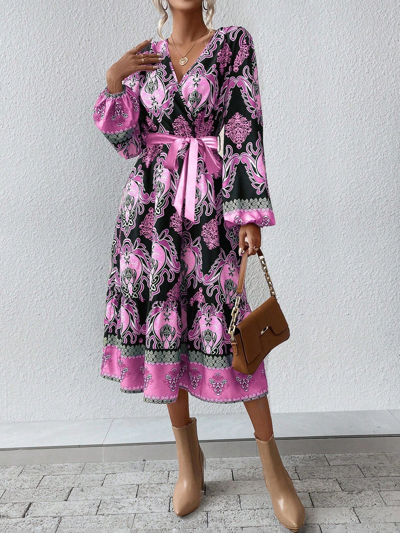 Full Printed V-Neck Lantern Sleeve Dress with Waist Belt