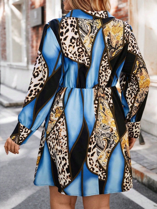 SHEIN Privé plus Size Leopard Pattern Button-Down Long Sleeve Dress