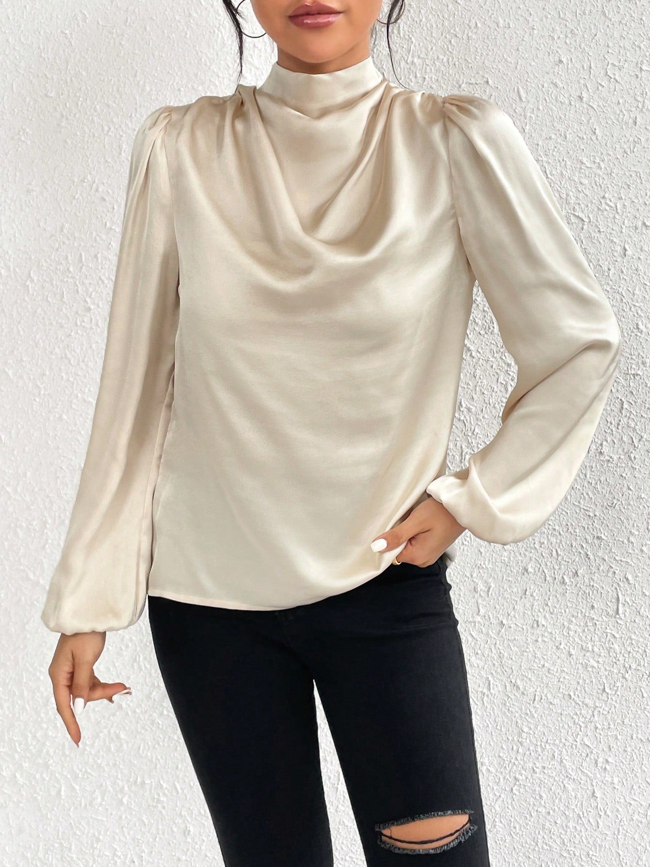 SHEIN Privé Women'S Solid Color Half High Collar Lantern Sleeve Blouse