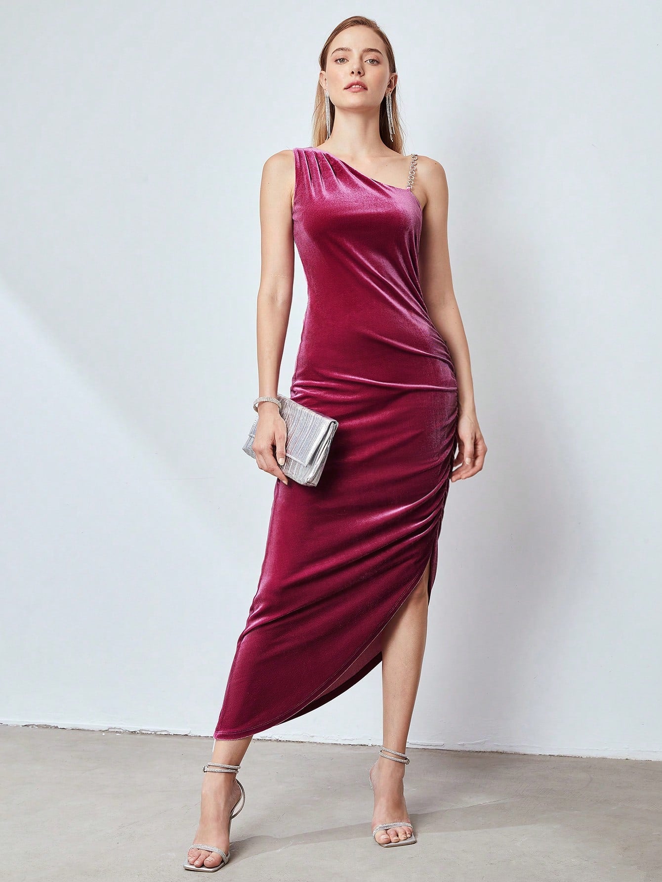 MOTF PREMIUM RUCHED VELVET CHAIN STRAP DRESS