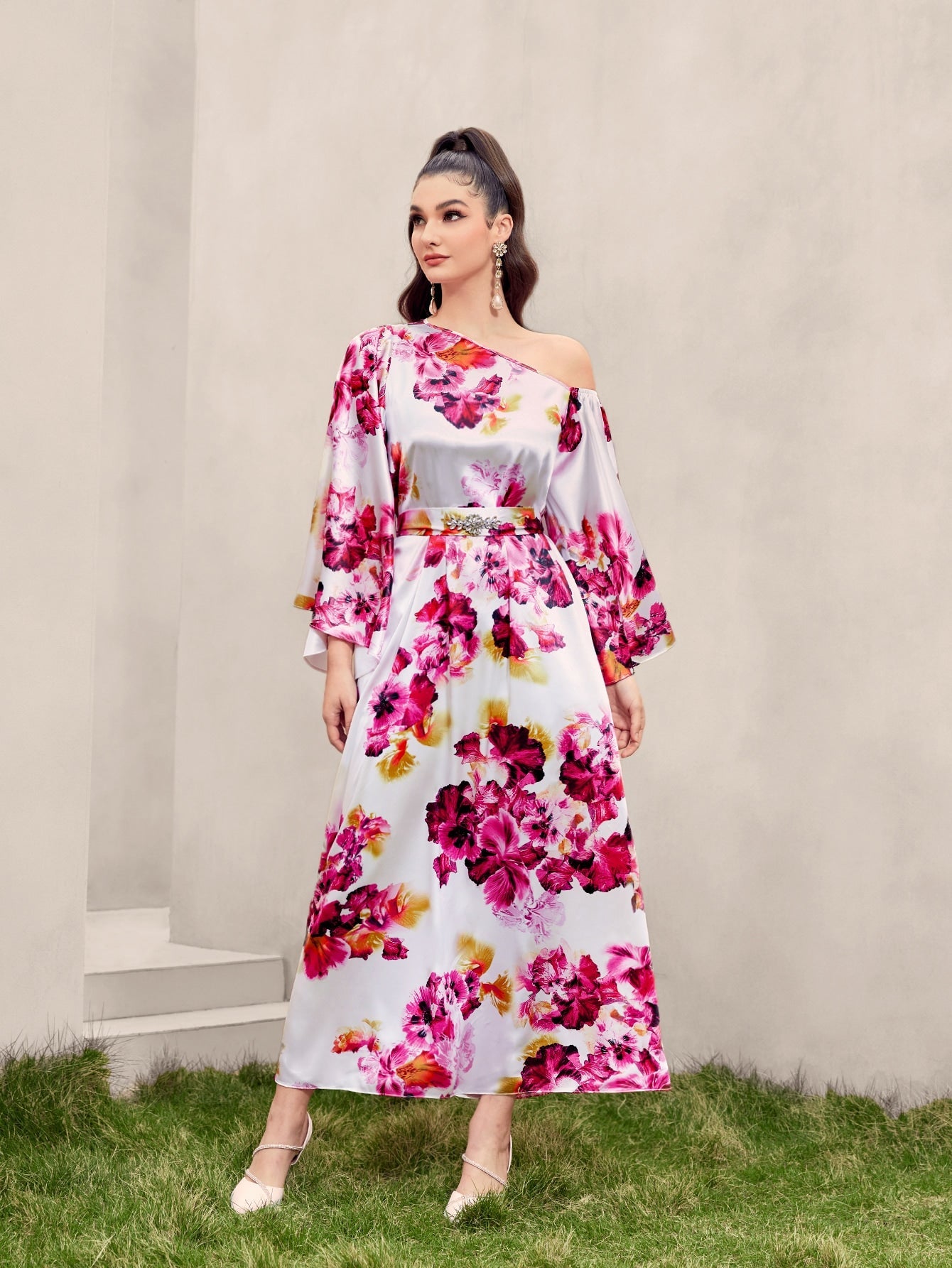 SHEIN Modely Floral Print Asymmetrical Neck Belted Dress