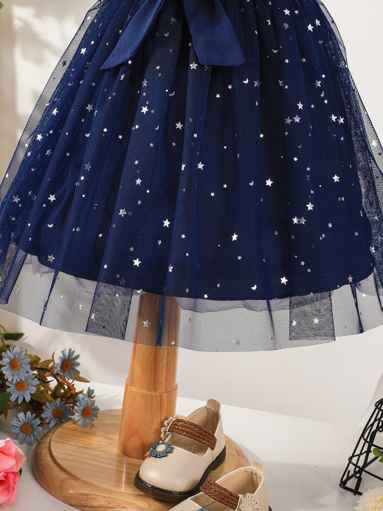 SHEIN Kids CHARMNG Young Girl Star Mesh Overlay Belted Cami Dress