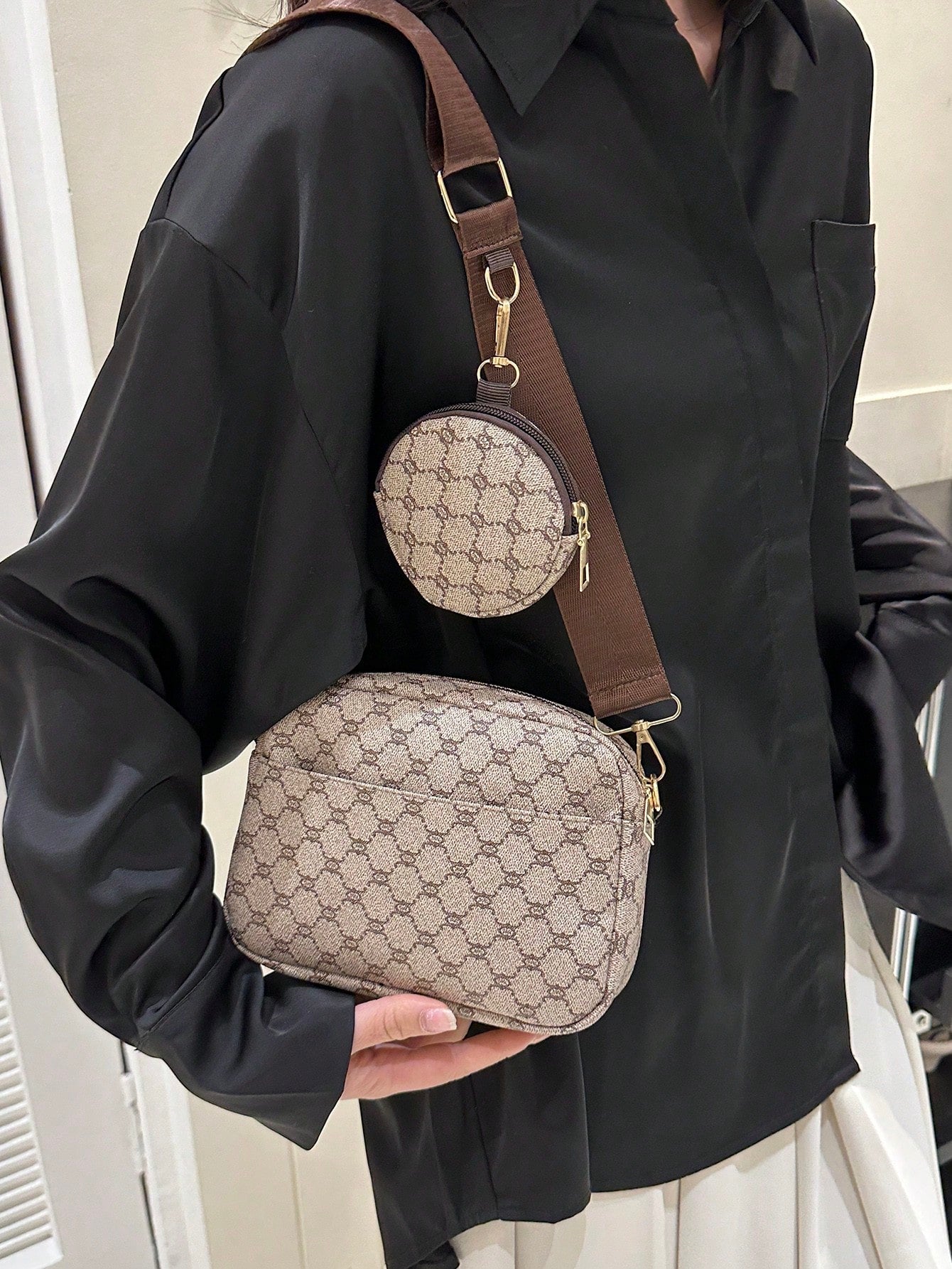 Mini Geometric Pattern Square Bag with Coin Purse , Women Bag with Dime Bag