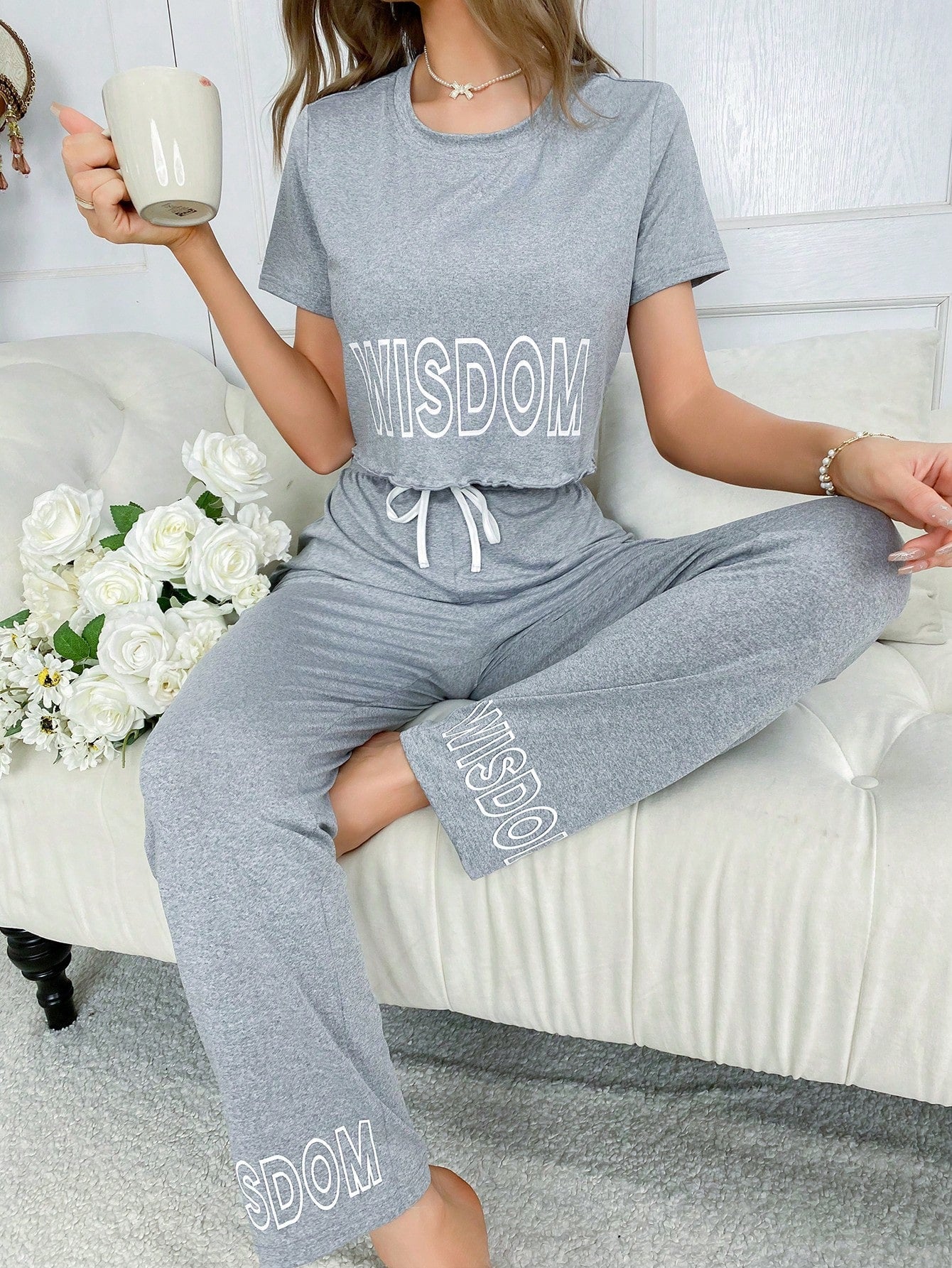 Letter Graphic Tee & Pants PJ Set
