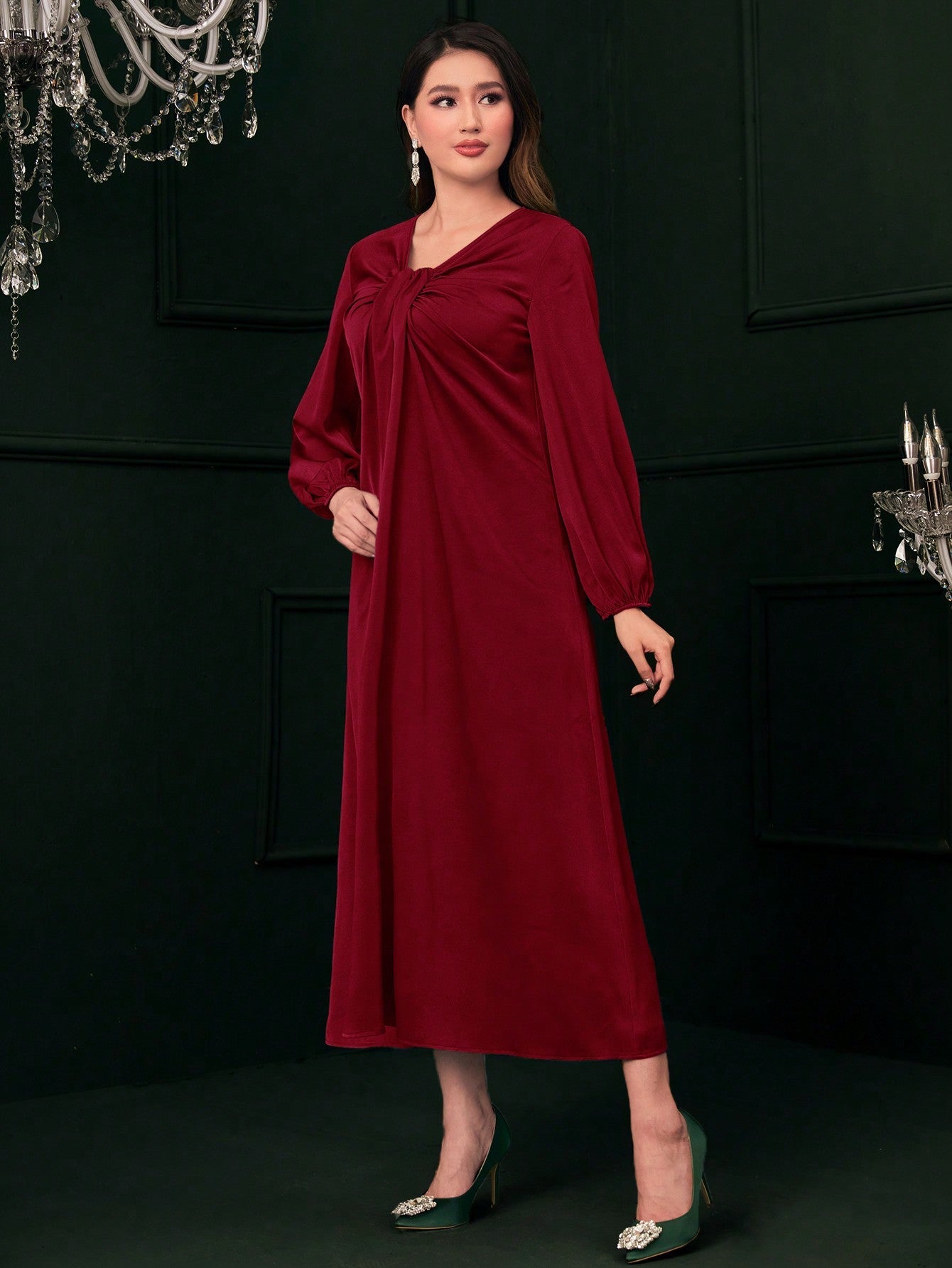 SHEIN Modely Ruched Front Lantern Sleeve Dress