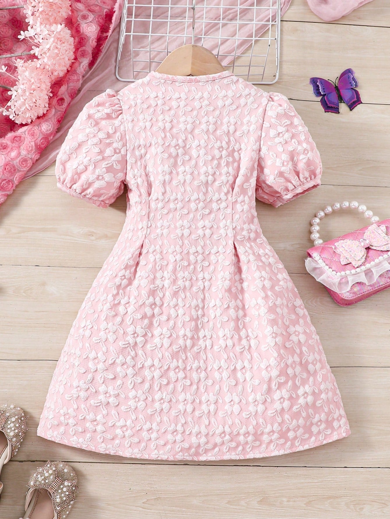 SHEIN Kids FANZEY Little Girls' Ladylike Jacquard Puff Sleeve Dress with Front Button Placket