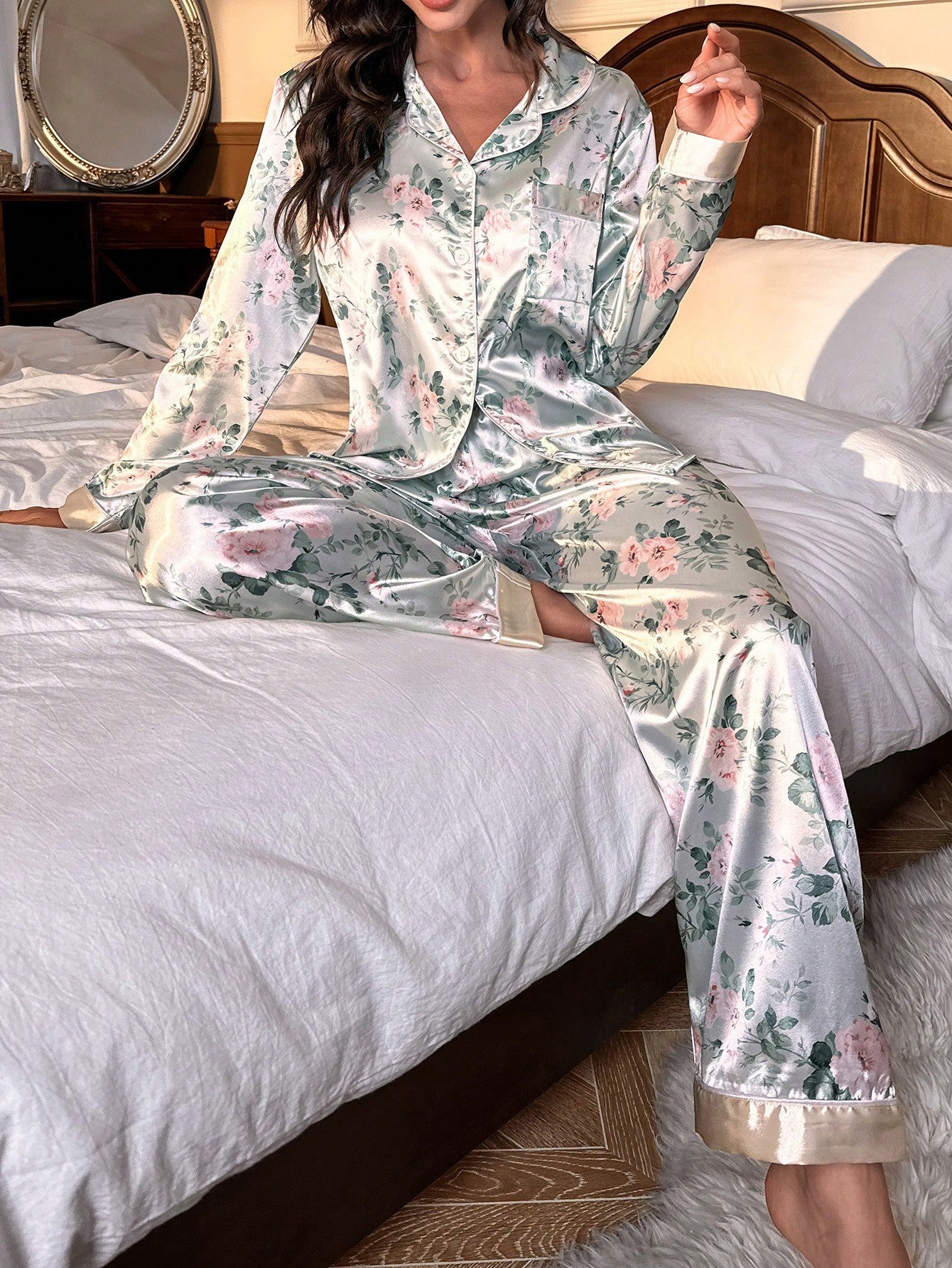 Floral Print Contrast Piping Satin PJ Set