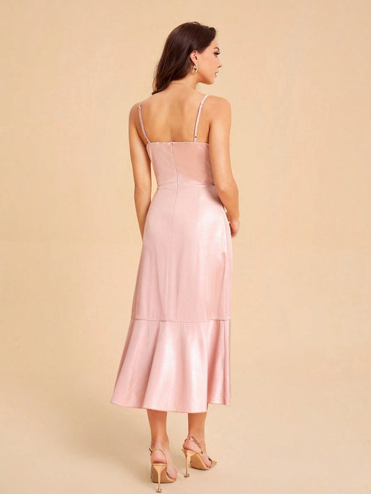 SHEIN Belle Wrap Ruffle Hem Satin Cami Bridesmaid Dress