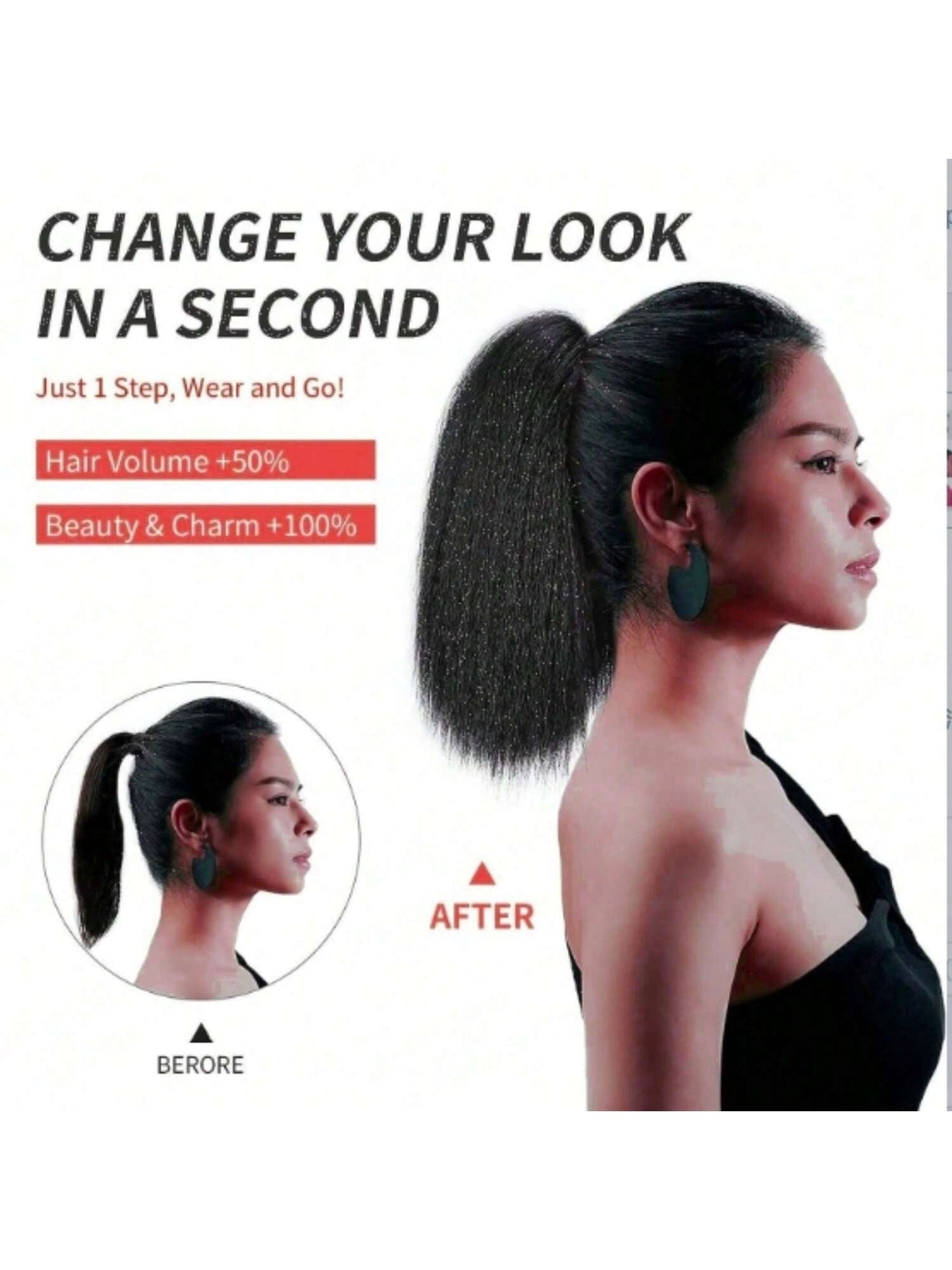 12 Inches Kinky Ponytail Hair Extensions Claw Clip Yaki Black Ponytail Extension for Kinky Straight Clip in Ponytail Hair Extensions (12 Inches)