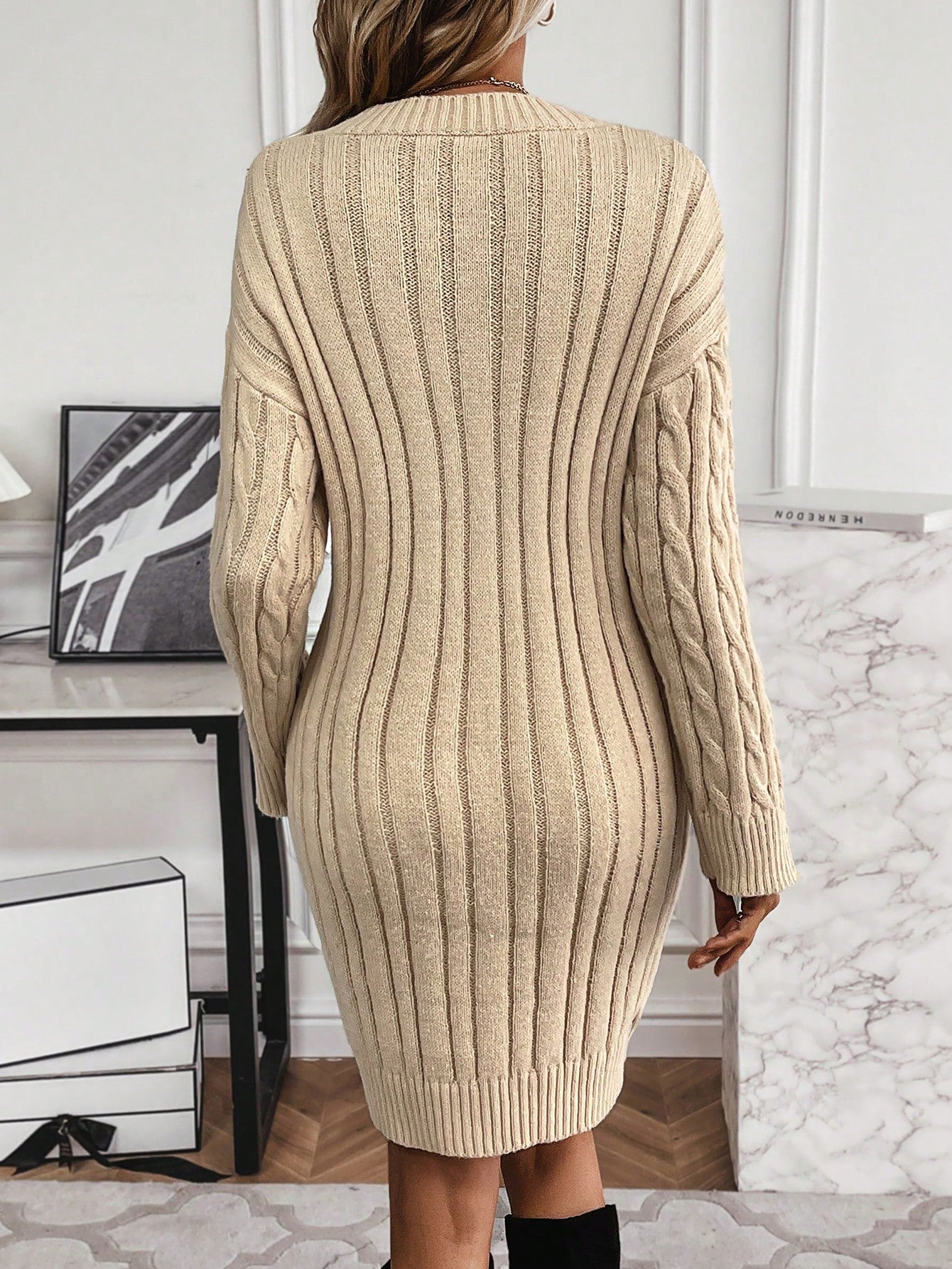 SHEIN Essnce Cable Knit Drop Shoulder Split Hem Sweater Dress without Belt