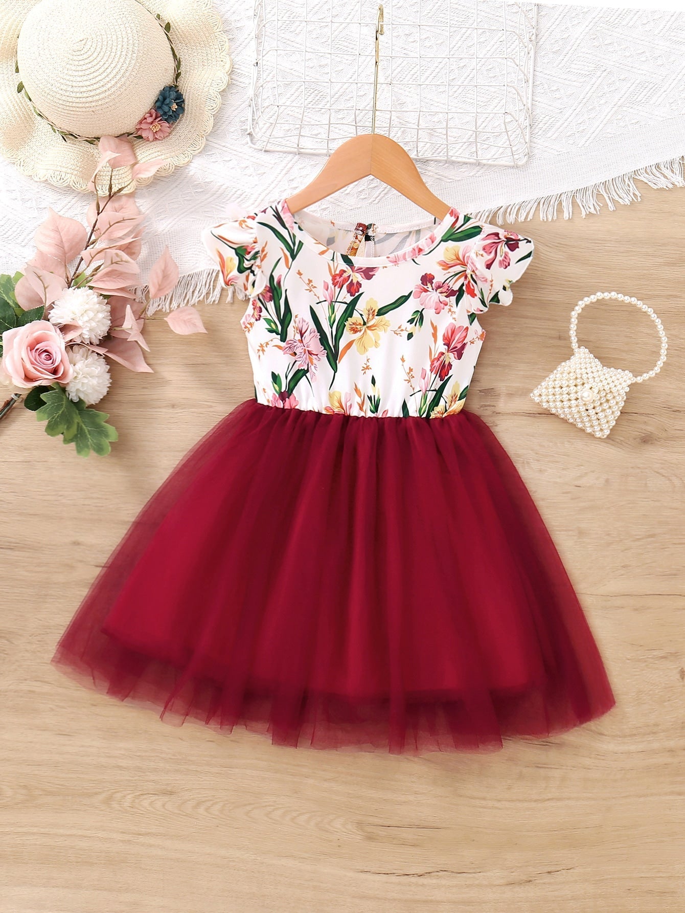 SHEIN Kids Nujoom Young Girl Floral Print Contrast Mesh A-Line Dress