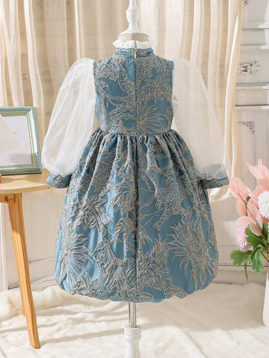 SHEIN Kids Nujoom Young Girl Floral Print Contrast Mesh Lantern Sleeve Dress