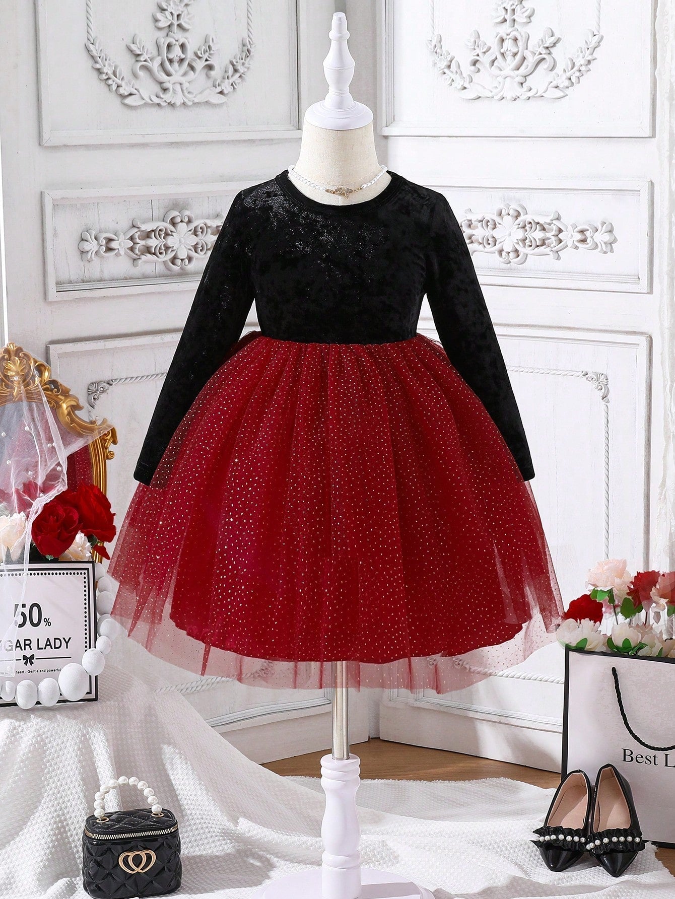 SHEIN Kids KDOMO Little Girls' Beaded Work Party Dress with Mesh for Autumn