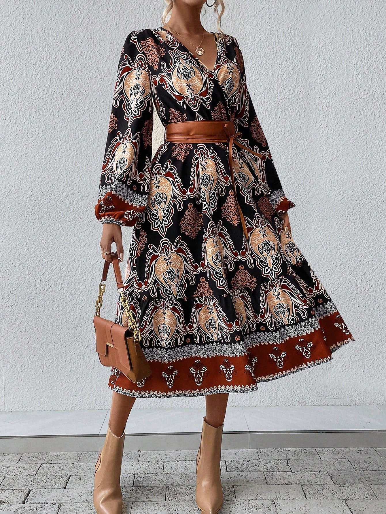 Graphic Print Lantern Sleeve Belted Ruffle Hem Dress