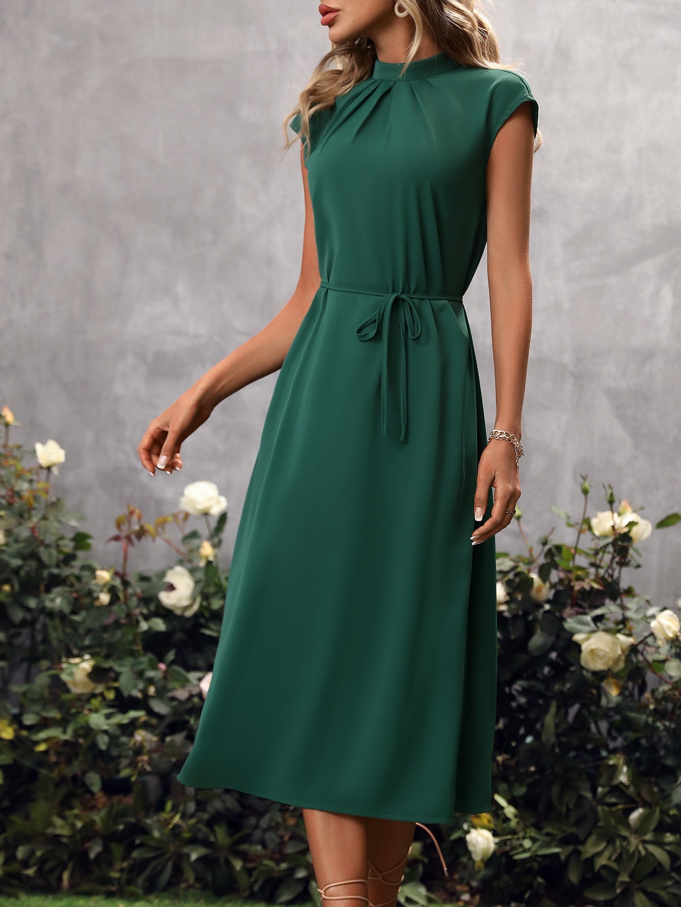 Solid Batwing Sleeve Belted Dress