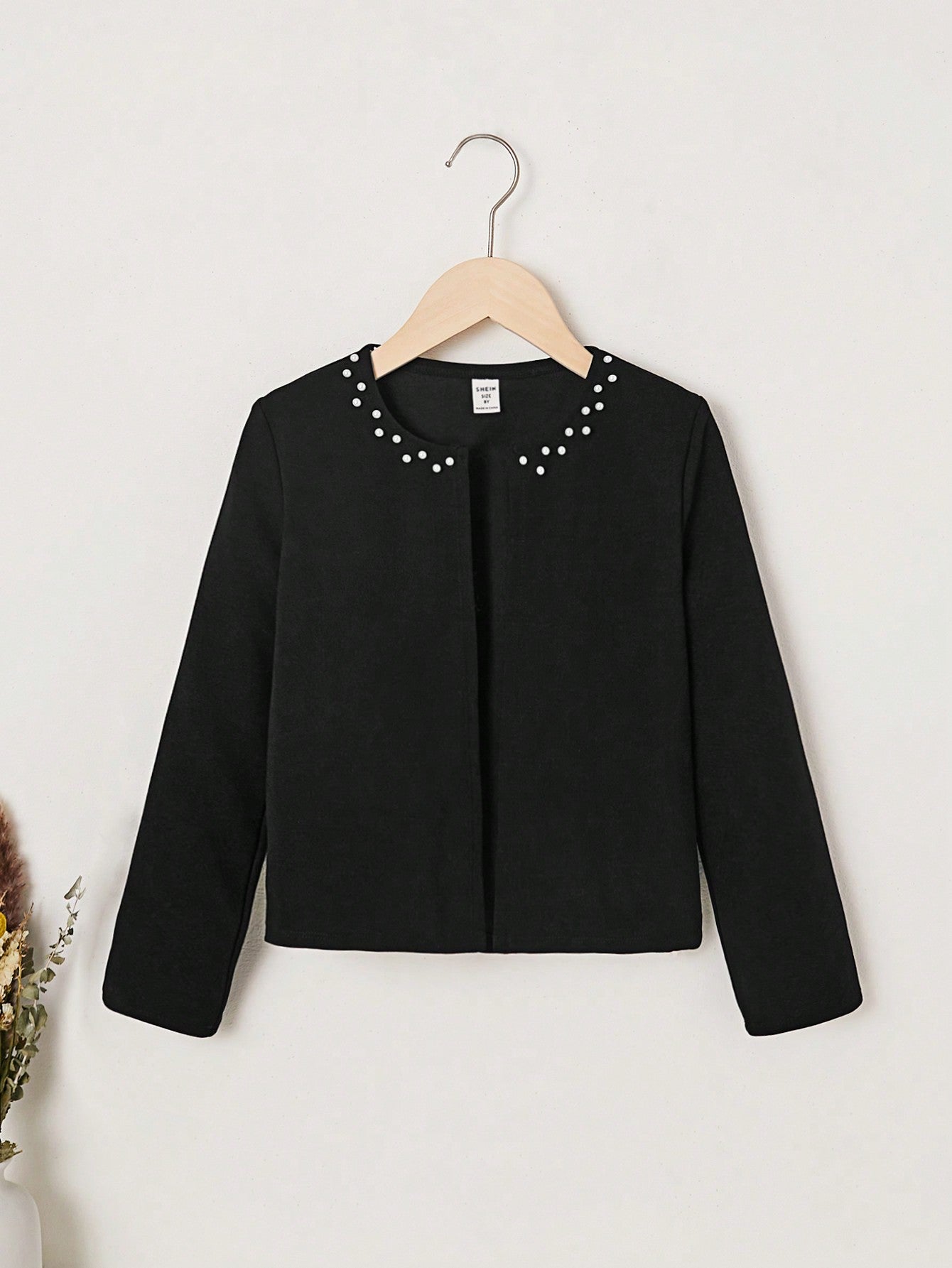 SHEIN Kids Cooltwn Tween Girl'S Casual Beaded Knitted Jacket without Collar for Autumn and Winter