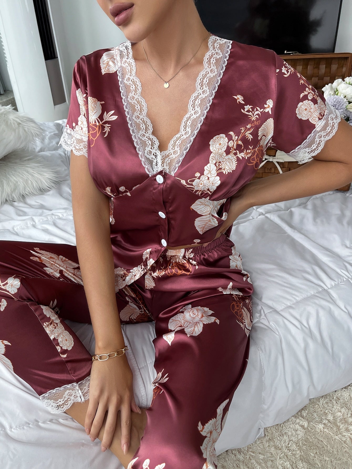 Floral Print Lace Trim Satin PJ Set