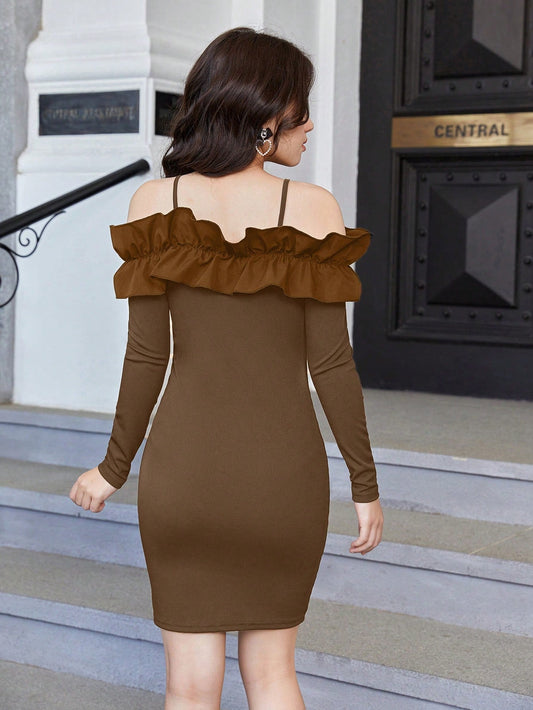 Teen Girl off Shoulder Ruffle Trim Dress