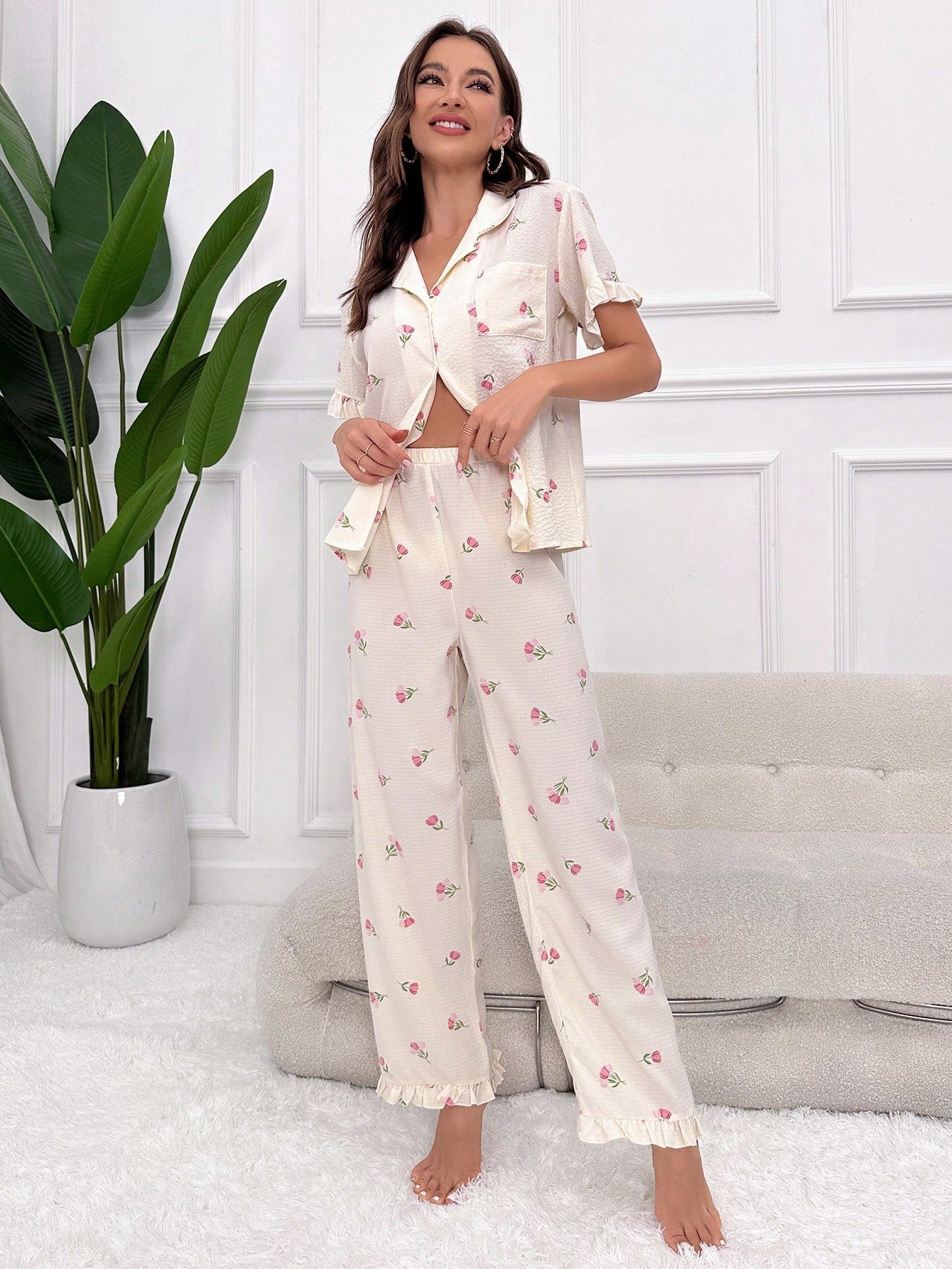 Floral Print Ruffle Trim PJ Set