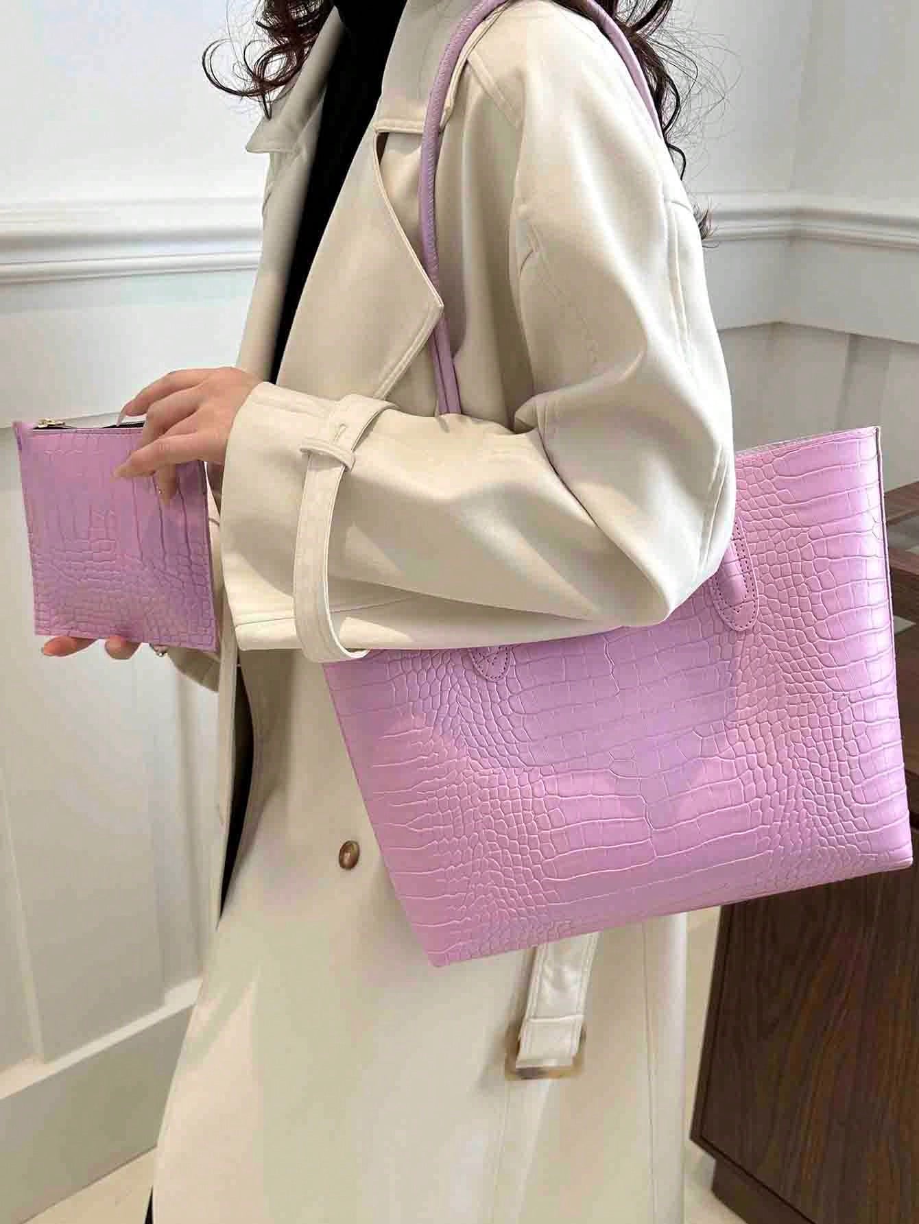 Large Capacity Women'S Crocodile Pattern Pu Leather Tote Bag with Clutch