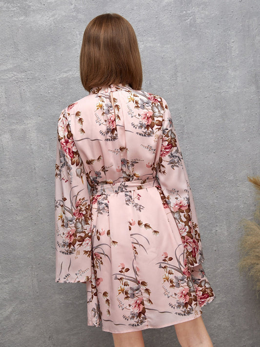 SHEIN Teen Girls Ruched Floral Print Flounce Sleeve Belted Dress