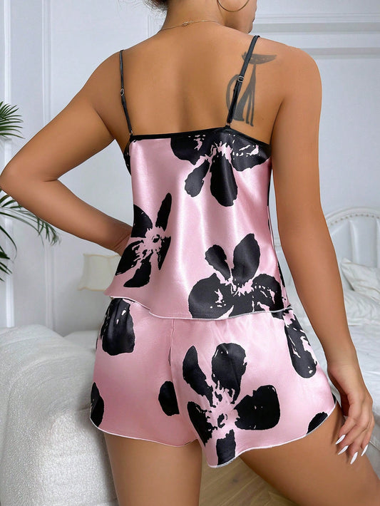 Floral Print Contrast Binding Satin PJ Set