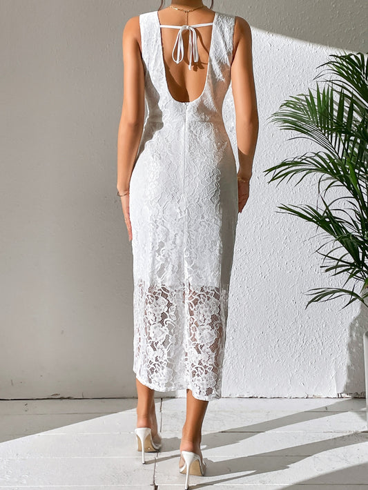 SHEIN Privé Solid Split Thigh Lace Overlay Wedding Dress