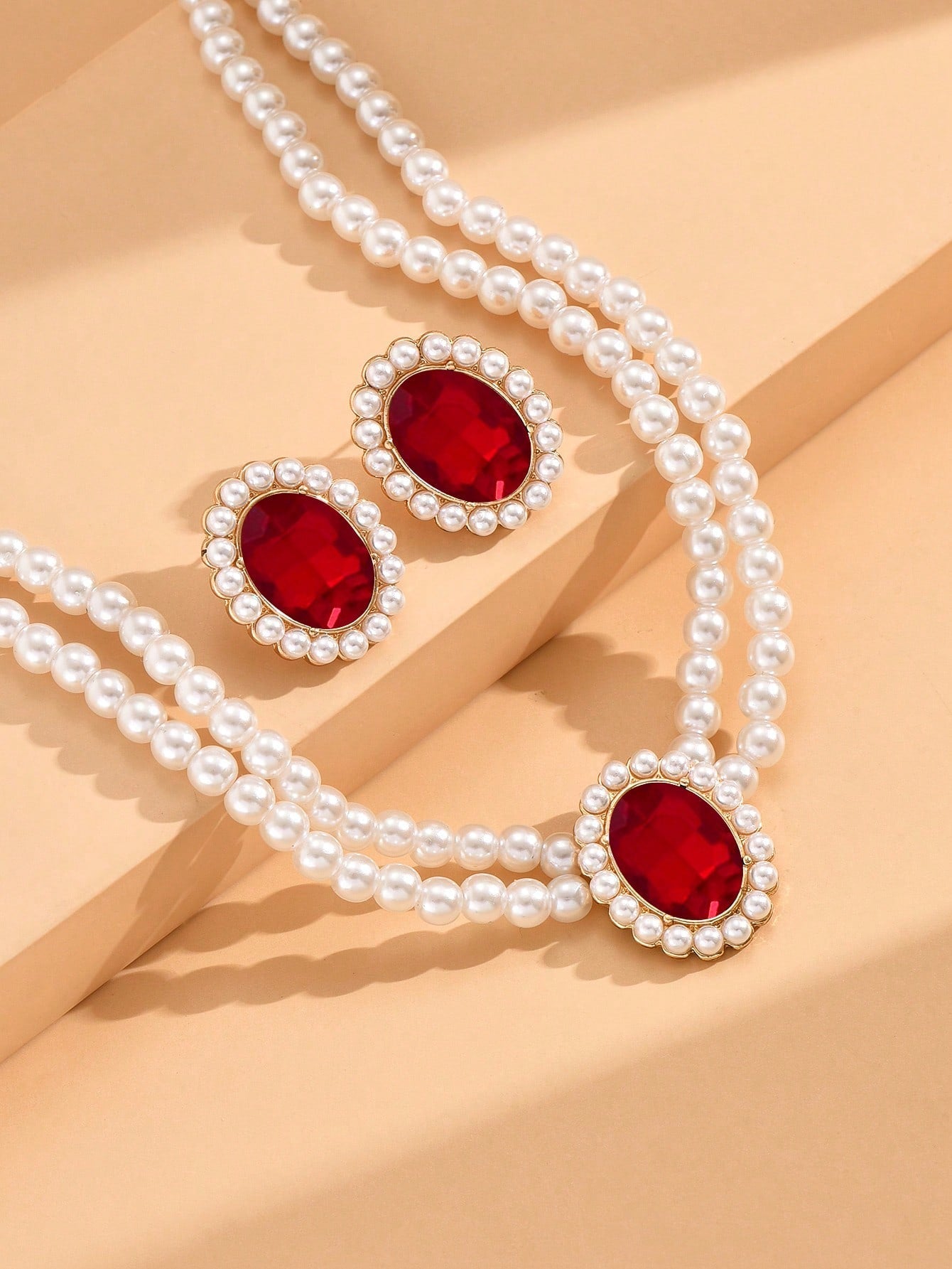 2Pcs Jewelry Set Including 1Pc Pearl Necklace & 1Pair Earrings, Vintage Style Elegant Necklace with Granny Green Stone Women'S Set(2-3Pcs/Set), Also Can Be Sold Separately