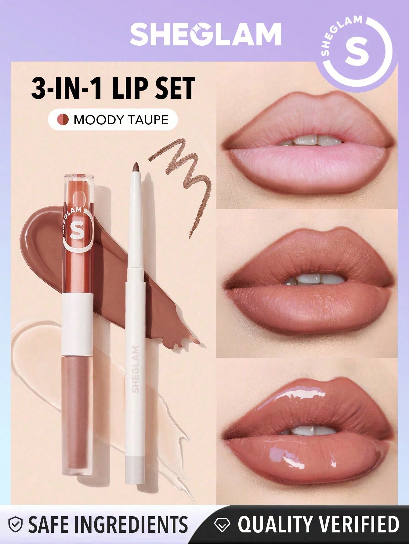 SHEGLAM Soft 90'S Glam Lip Liner and Lip Duo Set-Moody Taupe Lip Set 3-In-1 Lip Makeup Plumping Lip Gloss Moisturizing Plant Extracts Long Lasting Liquid Lipstick Lip Makeup Black Friday Winter Brown Liquid Lipstick