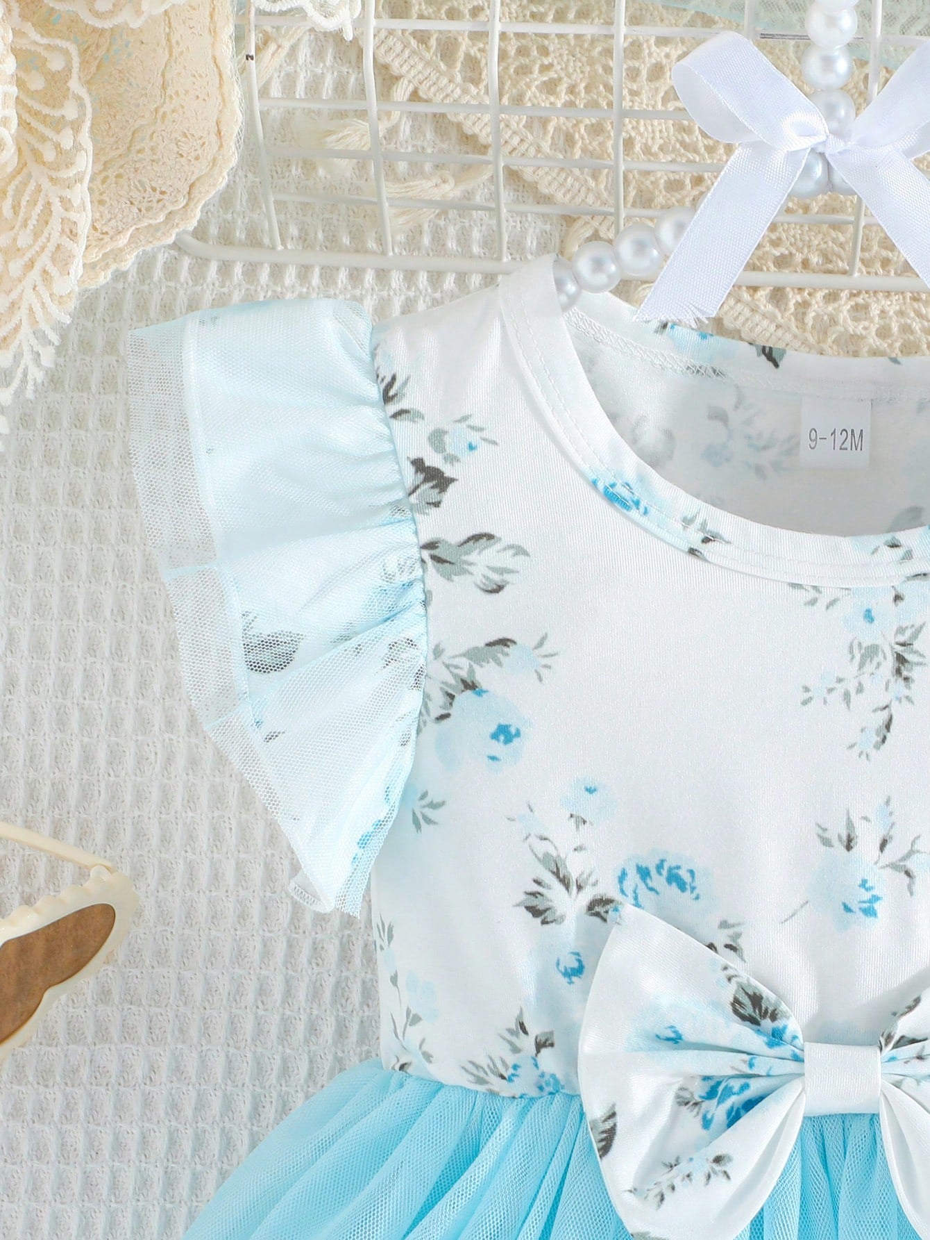 Baby Girl'S Summer Double-Layer Mesh Ruffled Sleeve and Floral Printed Dress with Bow Decor