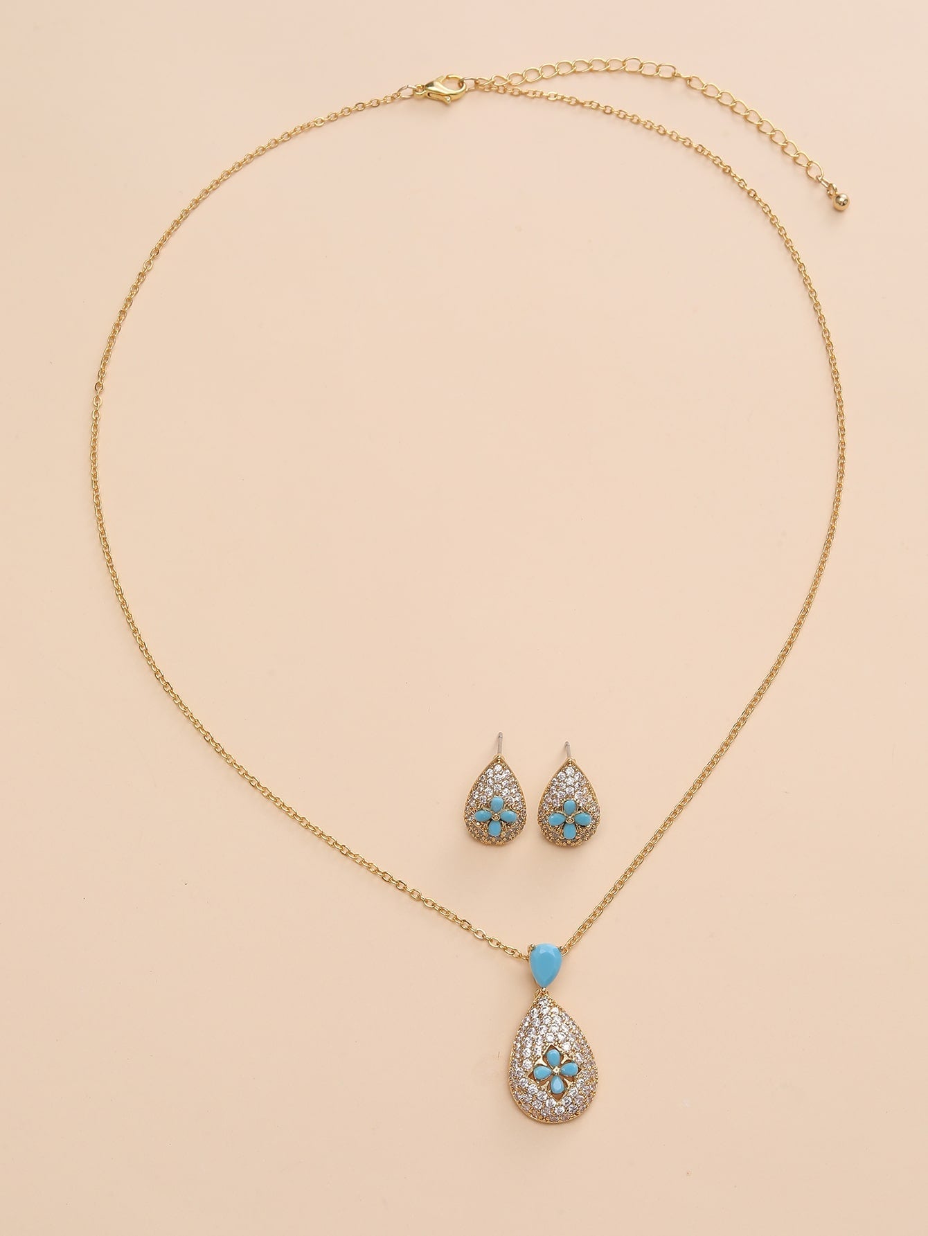 Three-Piece Drop-Shaped Blue Turquoise and Gold-Plated Earrings and Necklace Set