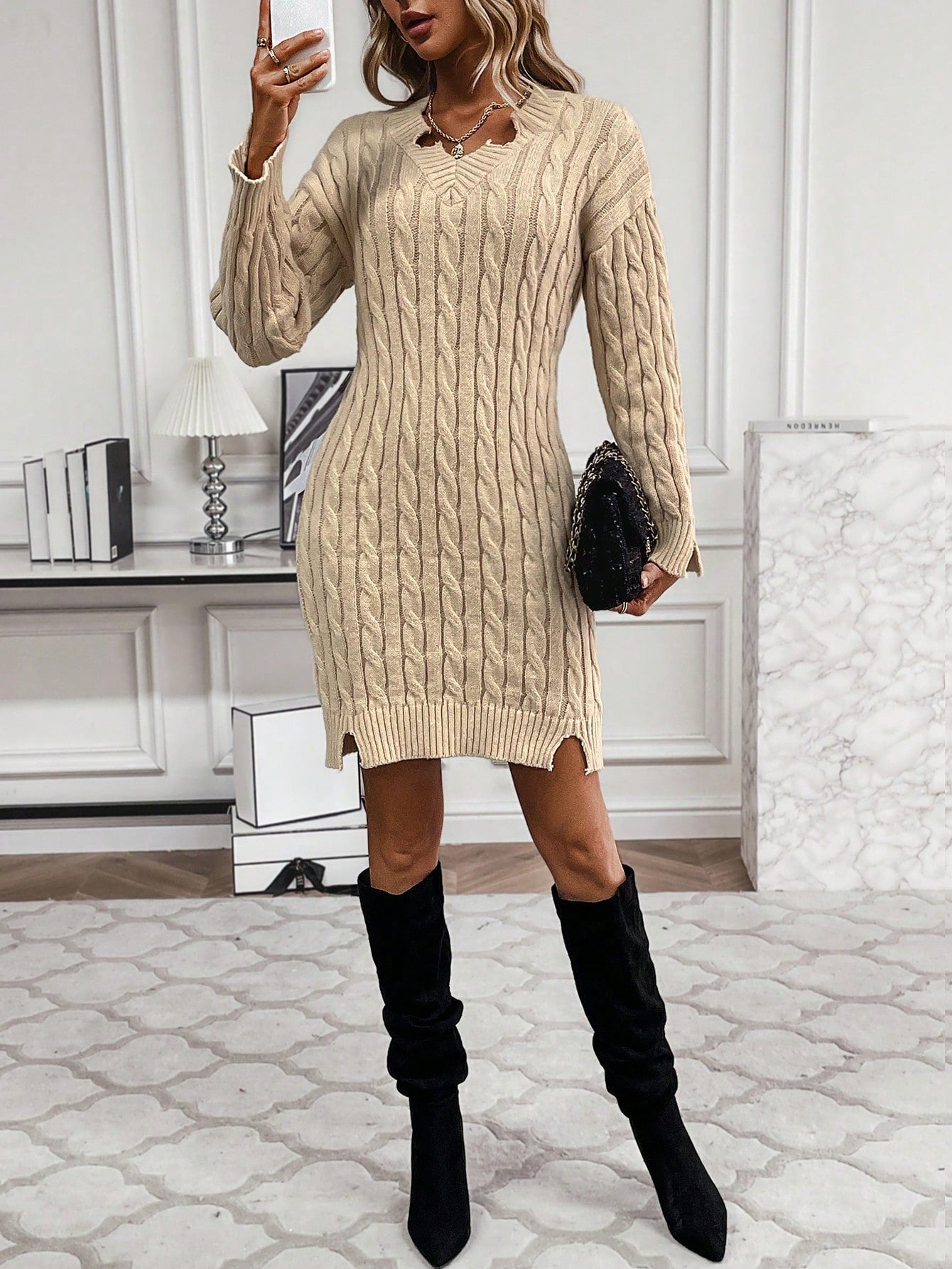 SHEIN Essnce Cable Knit Drop Shoulder Split Hem Sweater Dress without Belt