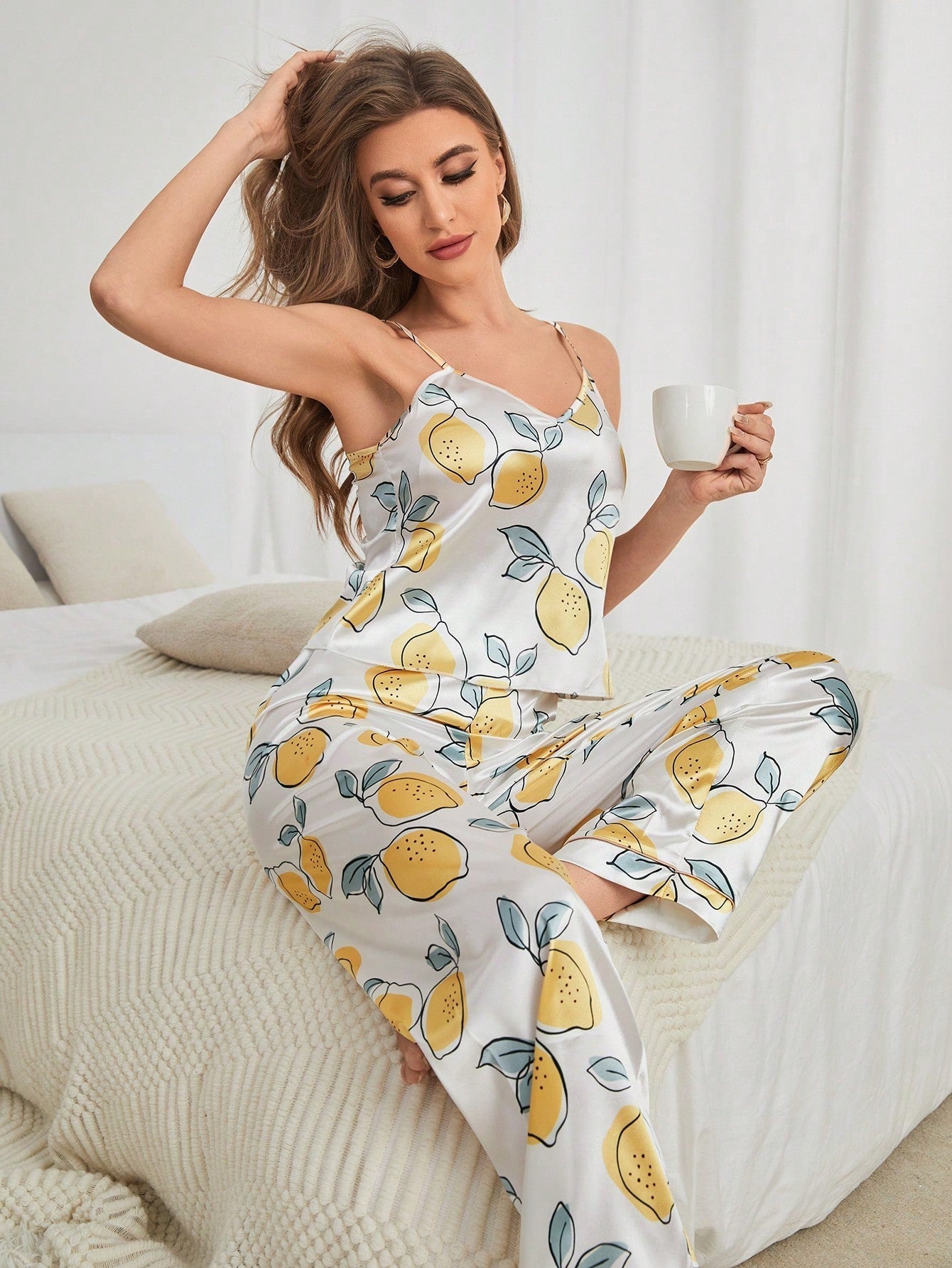 Lemon Print Satin Cami Top & Pants PJ Set