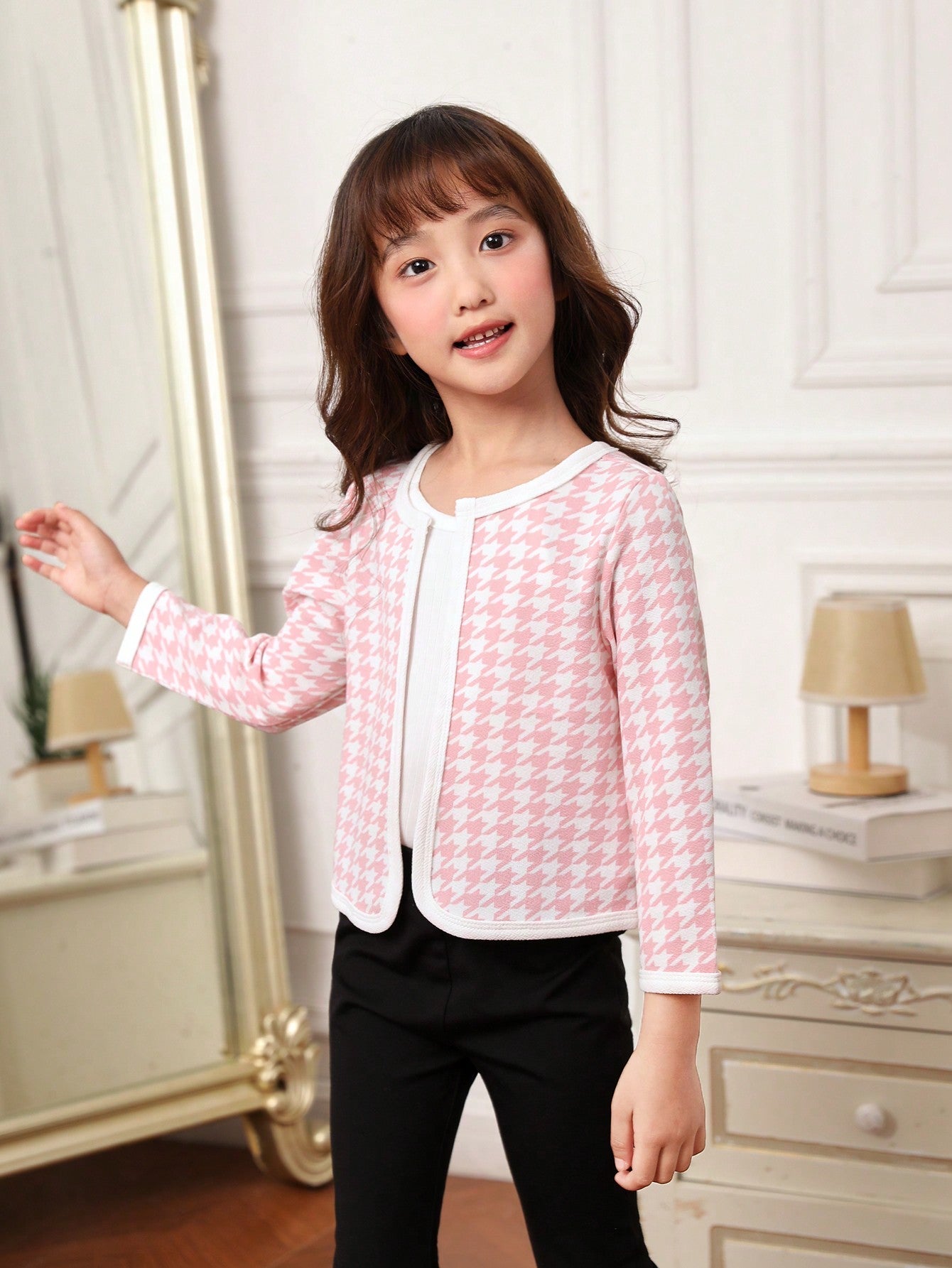 SHEIN Kids FANZEY Young Girl Houndstooth Print Open Front Jacket