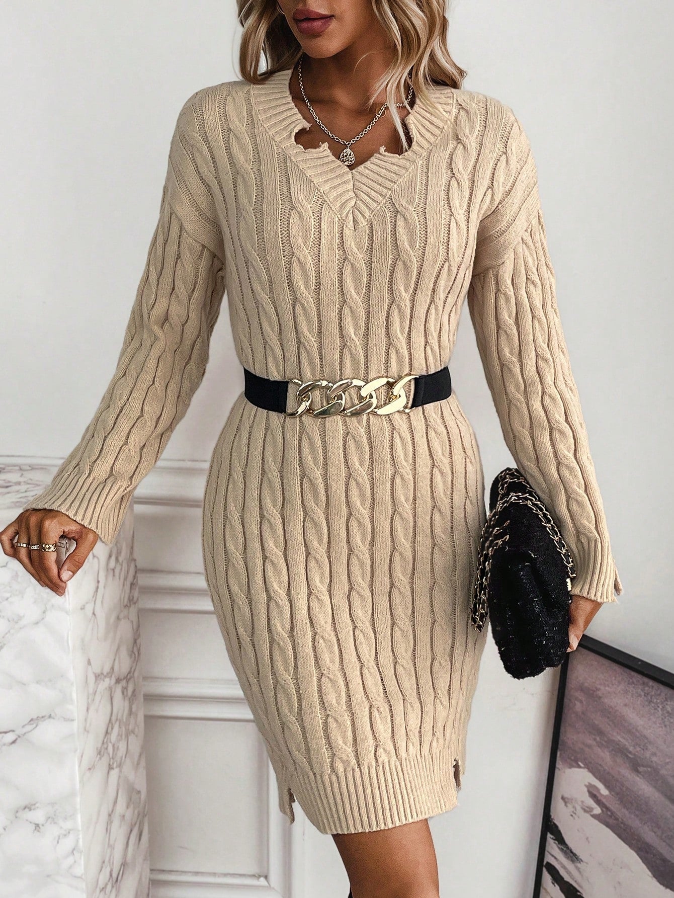 SHEIN Essnce Cable Knit Drop Shoulder Split Hem Sweater Dress without Belt